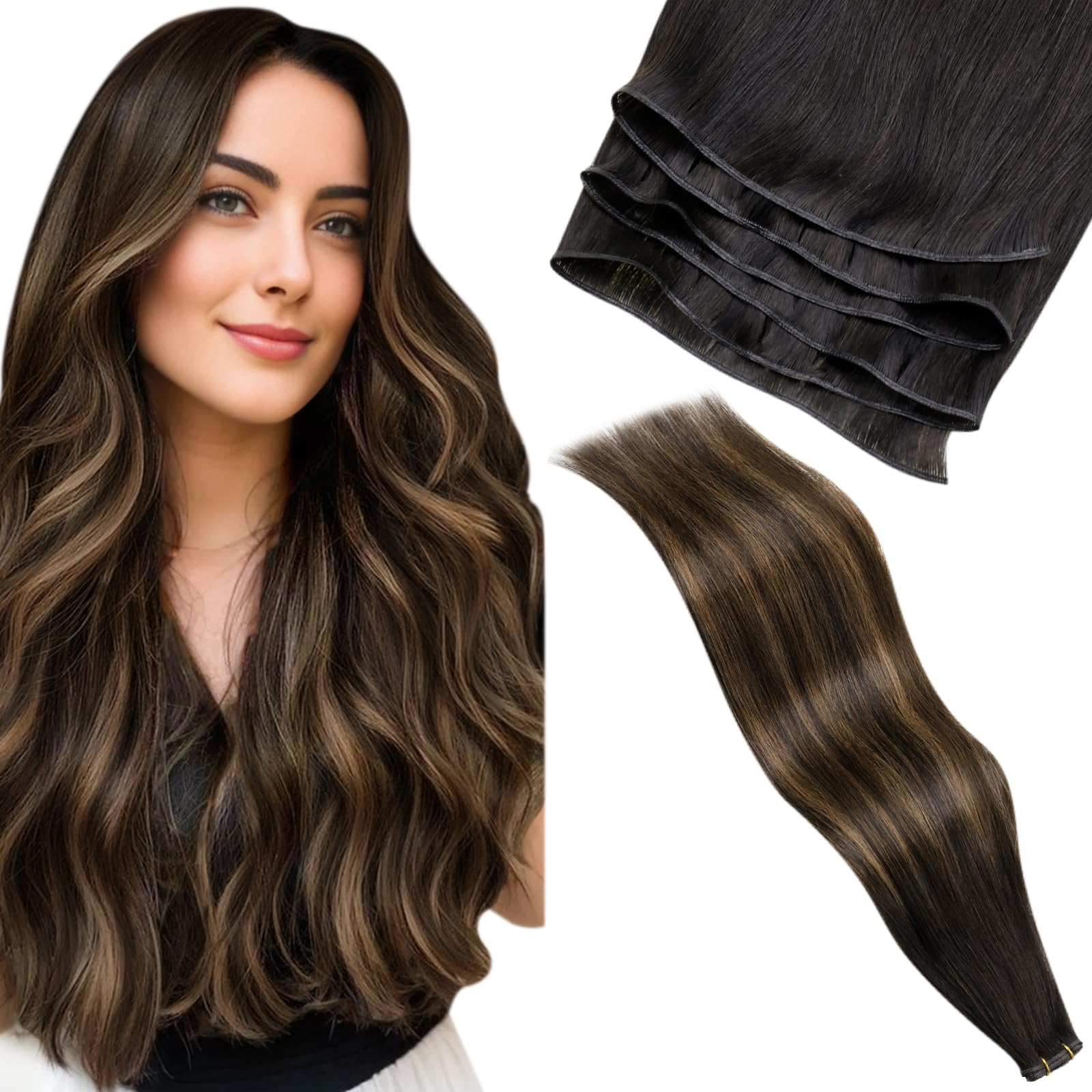 LaaVoo Invisible Weft Hair Extensions Real Human Hair 20 Inch 60g Balayage Darkest Brown to Light Brown Undetectable Double Weft Weave Remy Extensions #2/8/2