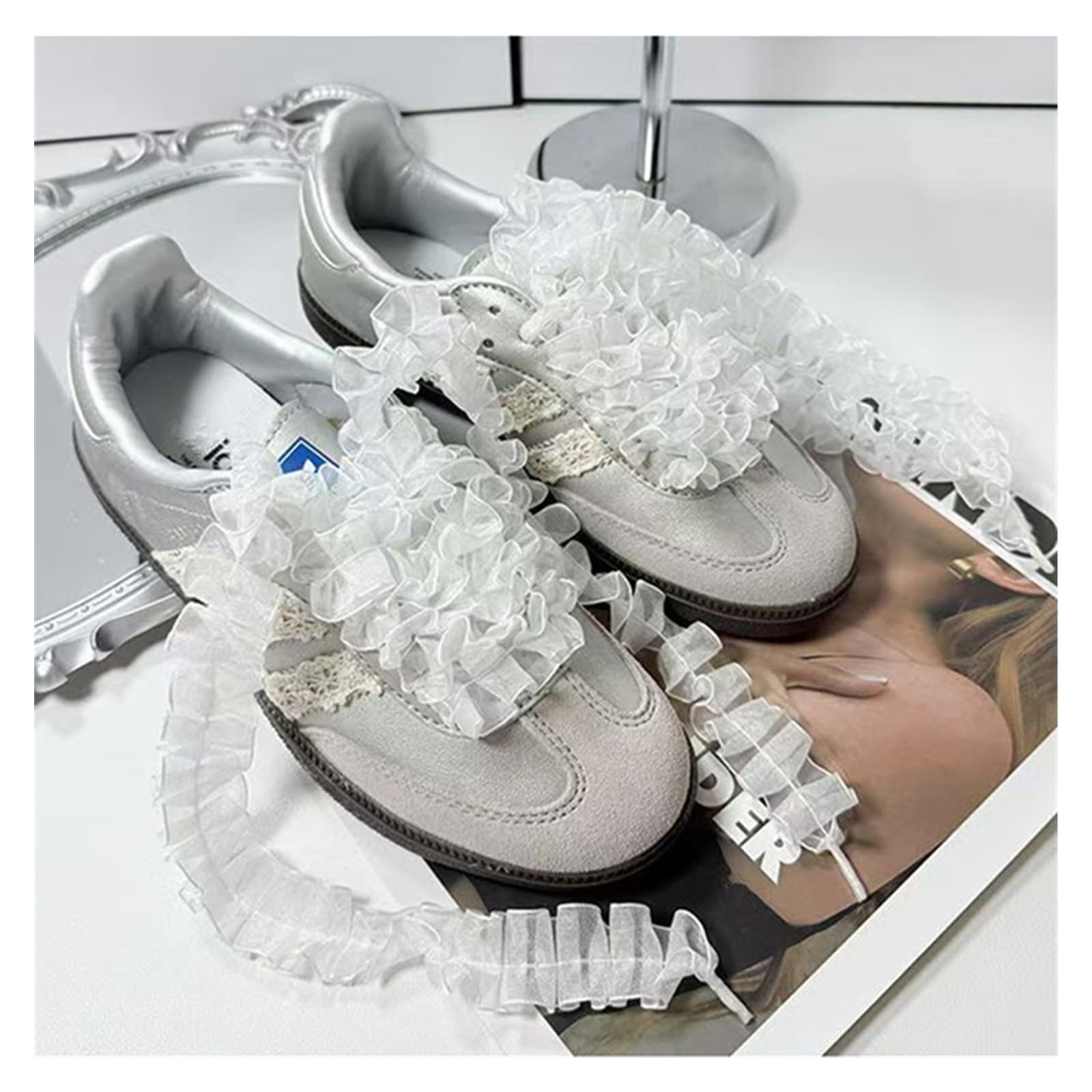 Cordones, Volantes de Organza con Borde, Cordones for Zapatos, Zapatillas Lazo, Deportivos Negros, Blancos, Entrenamiento DIY(Black,140cm)