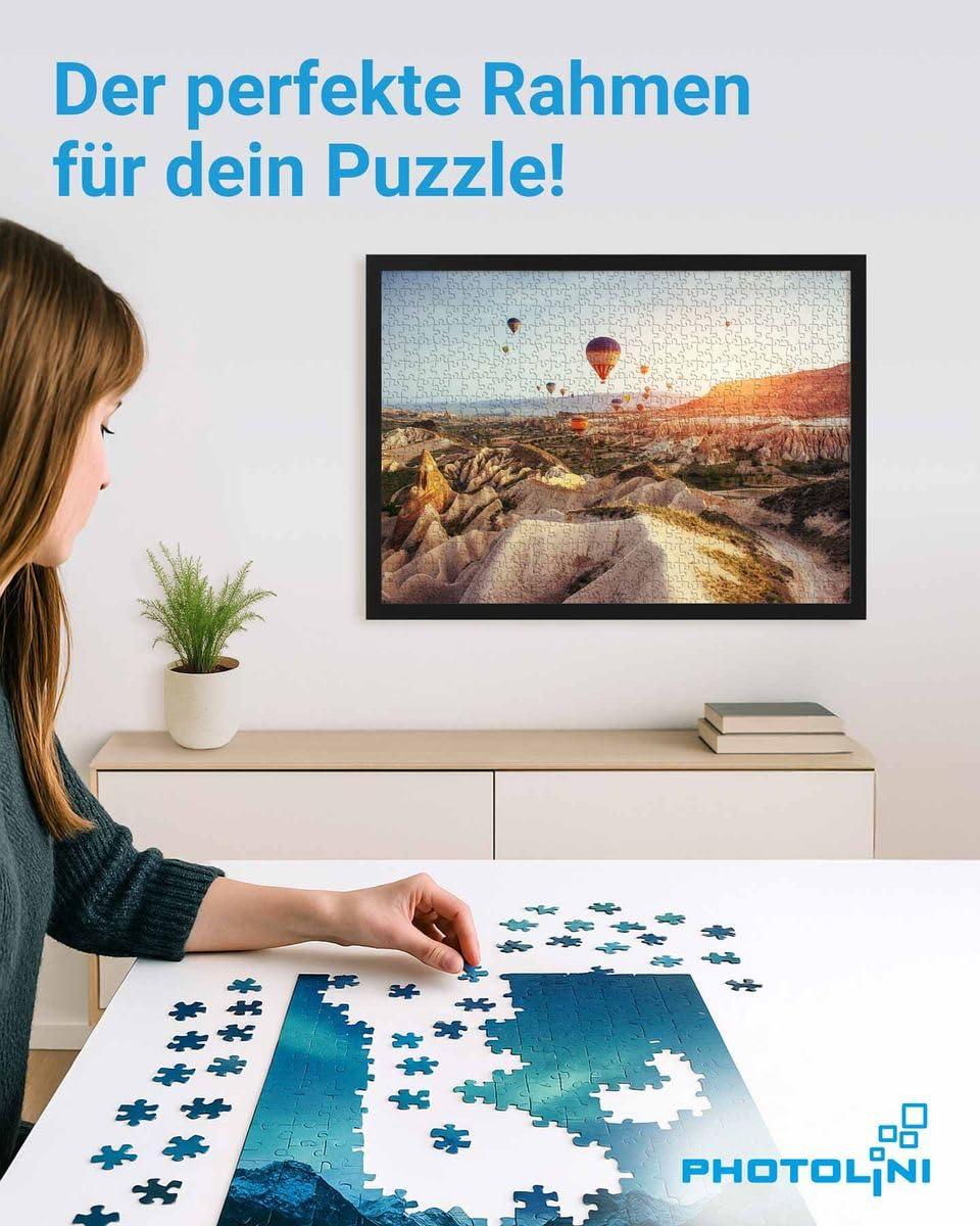 PHOTOLINI Bilderrahmen 50x70 Schwarz, Puzzle Rahmen 70x50 Holz MDF mit Acrylglas, Bilderrahmen Puzzle 1000 Teile 50x70 zum Aufhängen, Puzzlerahmen 500-1000 Teile - ideal für Galerie