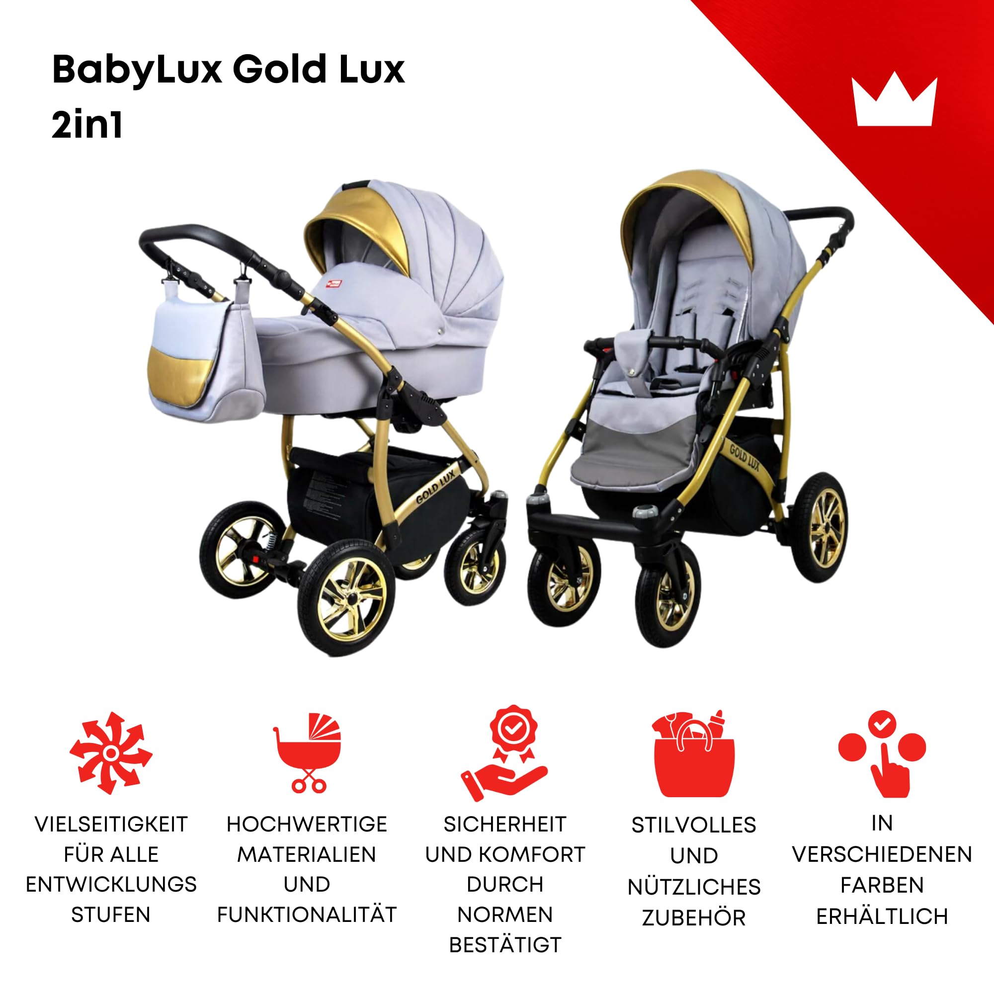 BabyLux Gold Lux Wózek Dziecięcy 2w1 Głęboki i Spacerowy z Akcesoriami Regulowana i Składana Lekka Aluminiowa Konstrukcja 2 Opcje Montażu Wodoodporny Nieprzebijalne Koła Silver Gold Frame