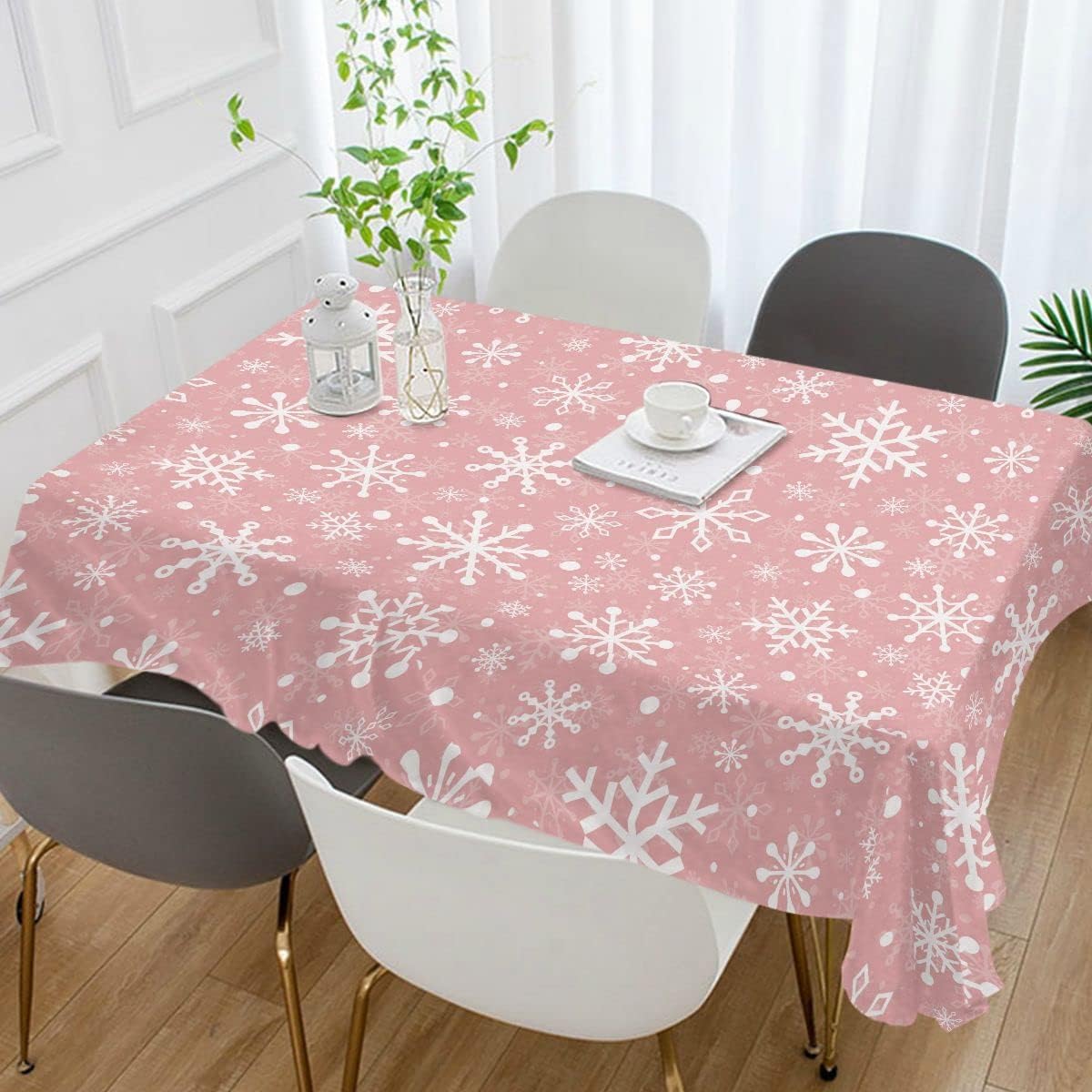 MNSRUU Christmas Tablecloth Light Pink Snowflakes 60"x108" Rectangle Table Protector for Outdoor Wedding Decorative Wrinkle Free Table Protector for Christmas