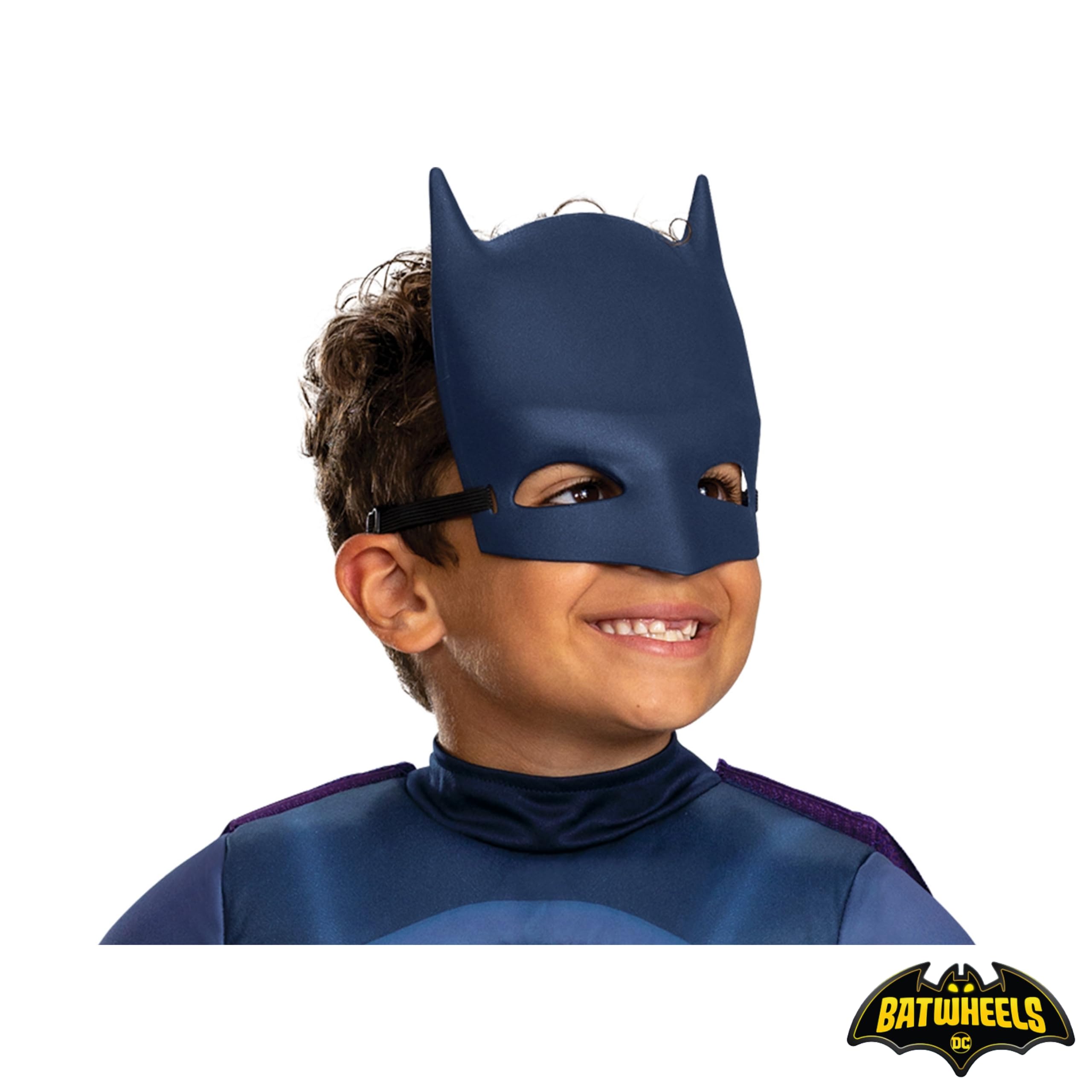 Batwheels Costume da Batman per bambini, ufficiale Batman di Disguise, con petto imbottito blu scuro con emblema pipistrello, include mantello viola e mezza maschera, per età 3-4 e 4-6 anni