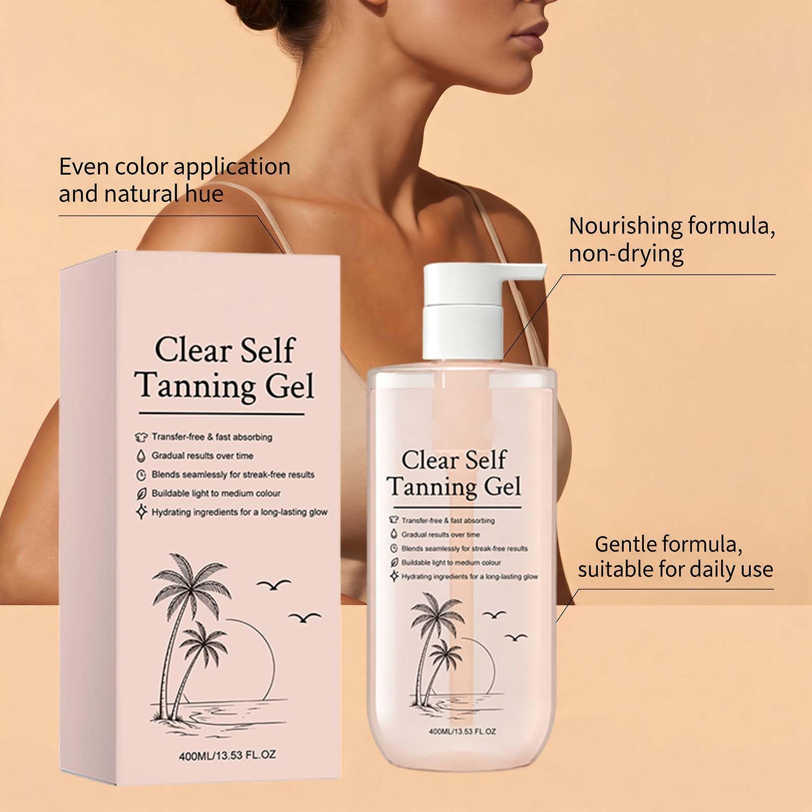 Klares Selbstbräunungsgel, Intensiver, Streifenfreier Glanz, Feuchtigkeitsspendend mit Hyaluronsäure, Aloe Vera,Vitamin E, Bräunungsgel auf Ihre eigene Art, schnell trocknend, übertragungsbeständig