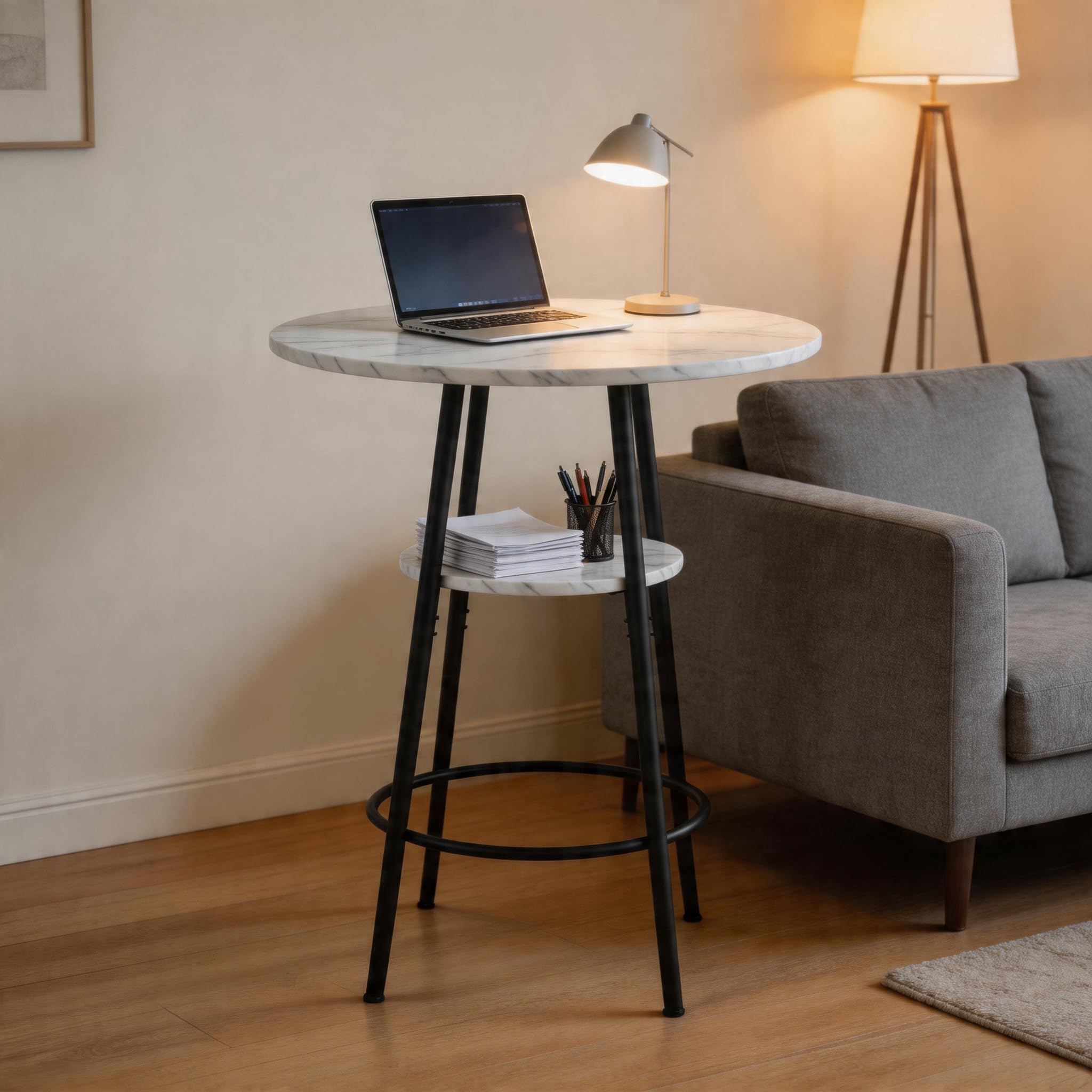 MURUL Bartisch Weißer Marmoroptik, 60 cm Stehtisch mit Stauraum & Schwarzem Metallrahmen, für Küche, Café & Esszimmer