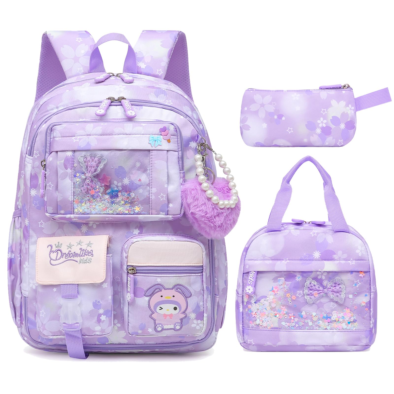 AlrisgLovely Girls Backpack School Bag for Students Kids Book Bag with Multiple Pockets Splash-proof Children's Backpack（17inch Set Purple）