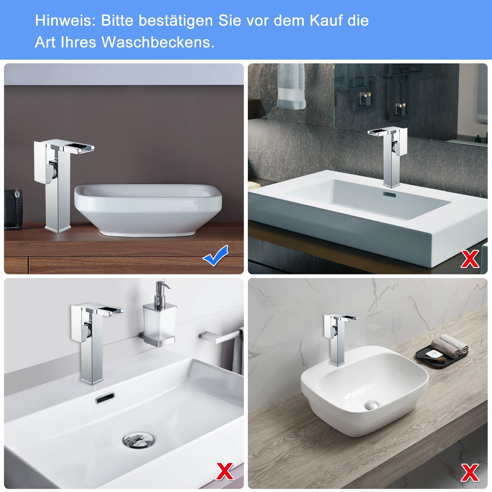 Wasserhahn Bad LED(keine Batterie erforderlich), KEOKBON Hoch Wasserfall Waschtischarmatur Armaturen mit Auslaufhöhe von 226 MM High, Einhebelmischer Mischbatterie für Waschbecken im Bad, Chrom