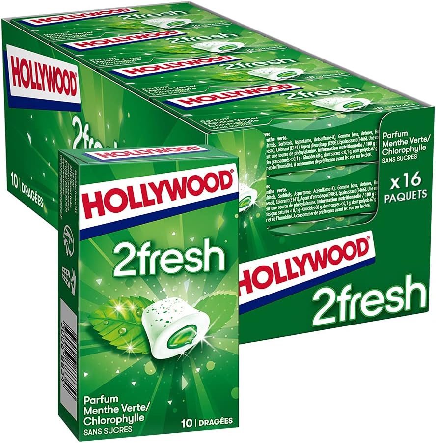 Hollywood Chewing Gum 2 Fresh Parfum Menthe Verte Chlorophylle Sans Sucres avec Édulcorants