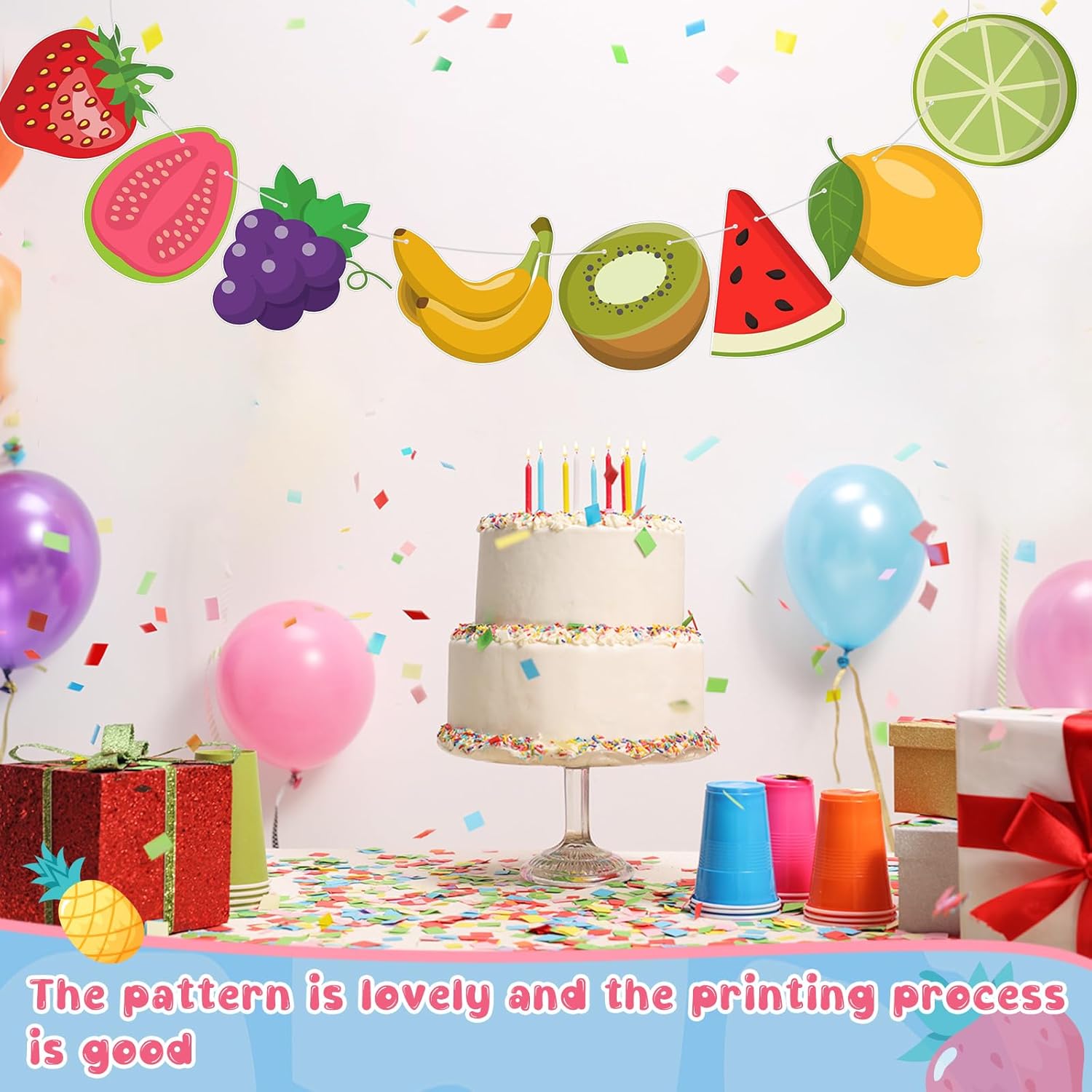 Tudomro 4Pcs Fruit Theme Party Decorations Twotti Tutti Frutti Banner Hawaiian Tropical Summer Fruit Banner Garland Fruity Birthday Party Decoration for Fruit Theme Birthday Baby Shower Party Supplies - Image 6