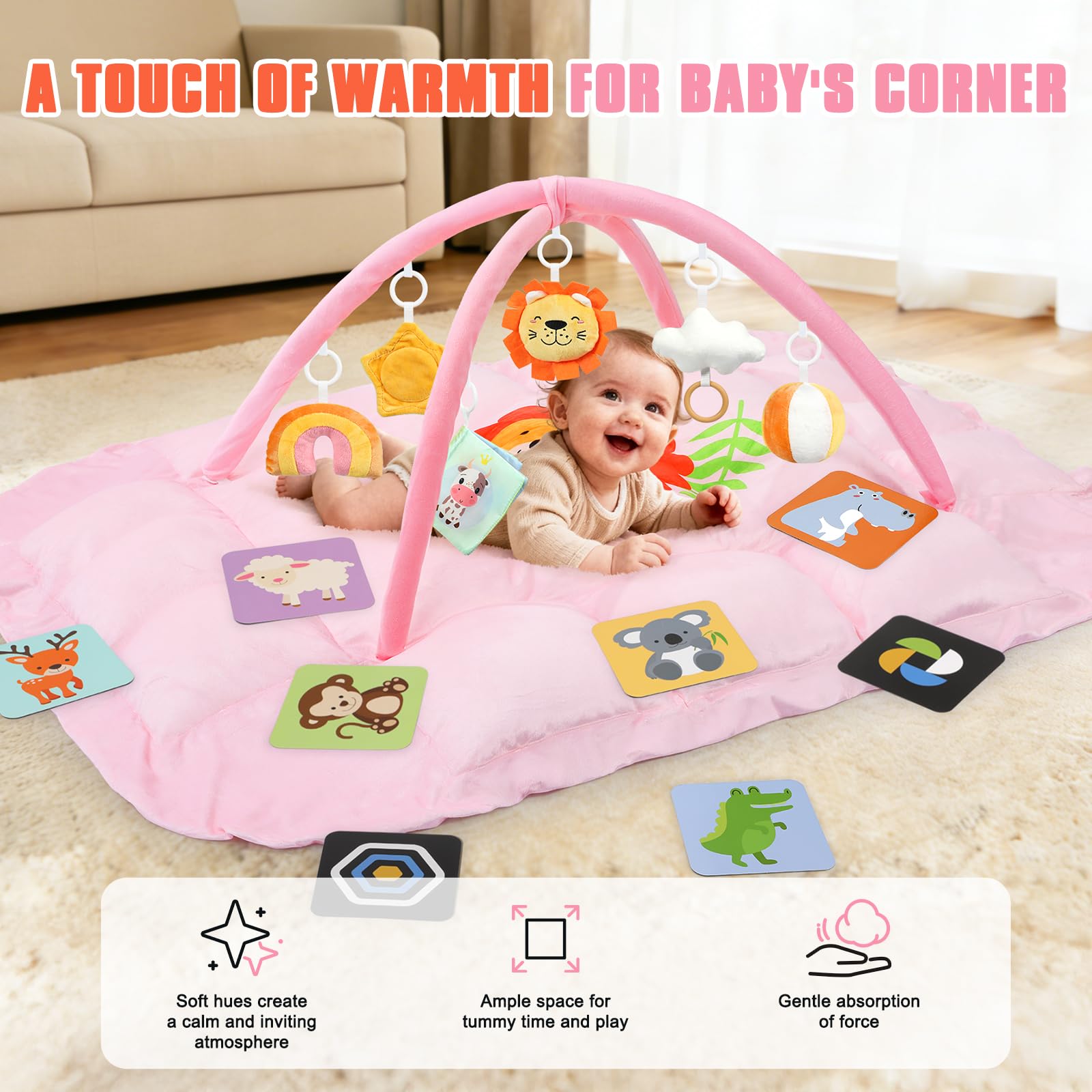 5-in-1 Bauchzeitmatte Baby Activity Gym mit Cartoon-Muster, extra dicke Plüsch-Spielbodenmatte, mit hängenden Spielzeugen, sensorischer Entwicklungs-Fitness-Studio & schönes Geschenk für Neugeborene
