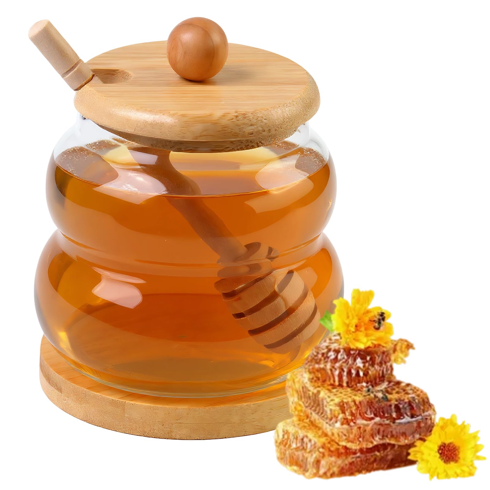 Kaiyzo Honey Jar with Lid and Dipper, Transparent Honey Pot, Glass Honey Dispenser for Serving Honey and Syrup, for Home Kitchen (330, Millilitres)