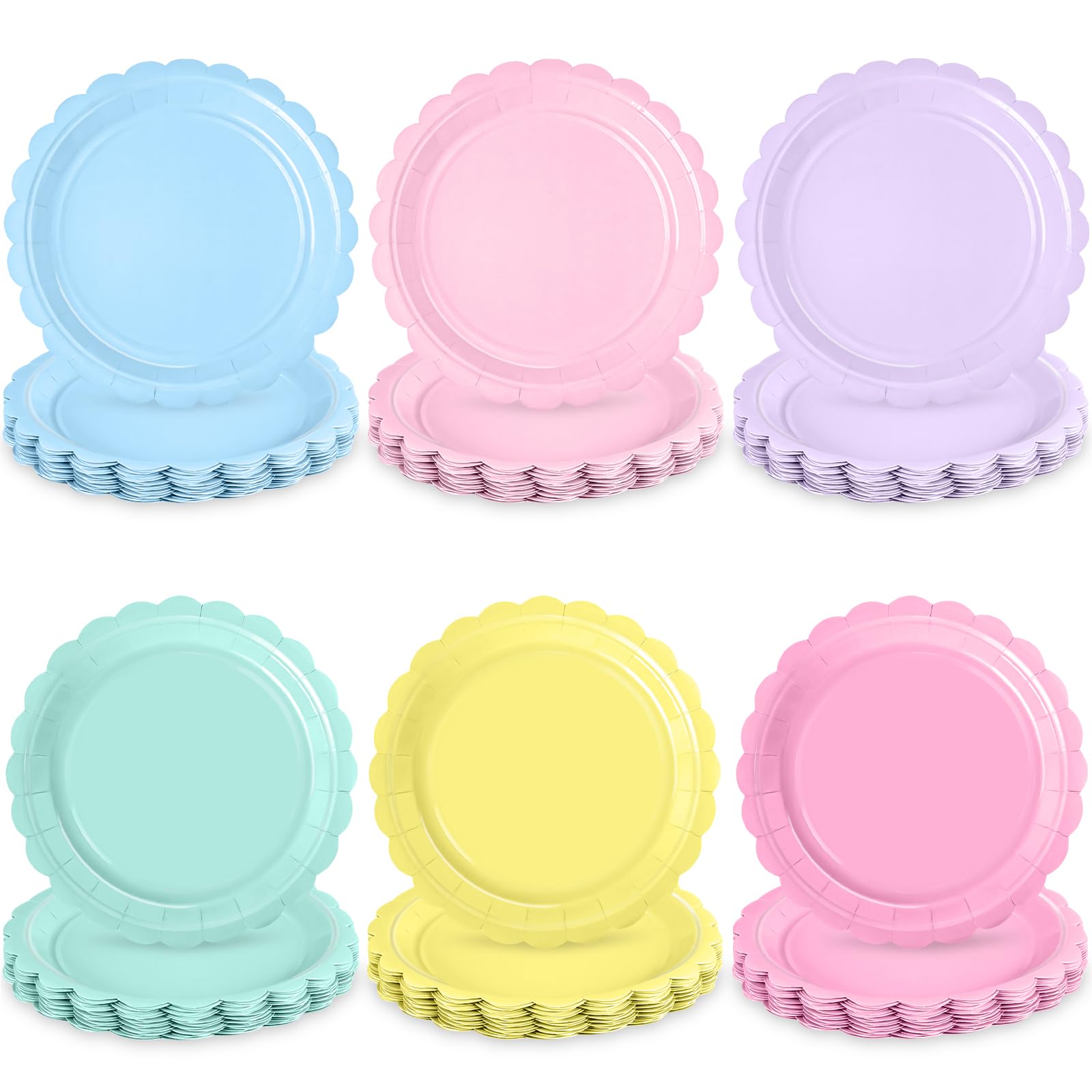 WNINK 72 Stück Pastellfarbene gewellte Teller, 17,8 cm, Einweg-Pappteller, Regenbogen-Party-Dekorationen für Geburtstag, Hochzeit, Babyparty, buntes Dessertgeschirr