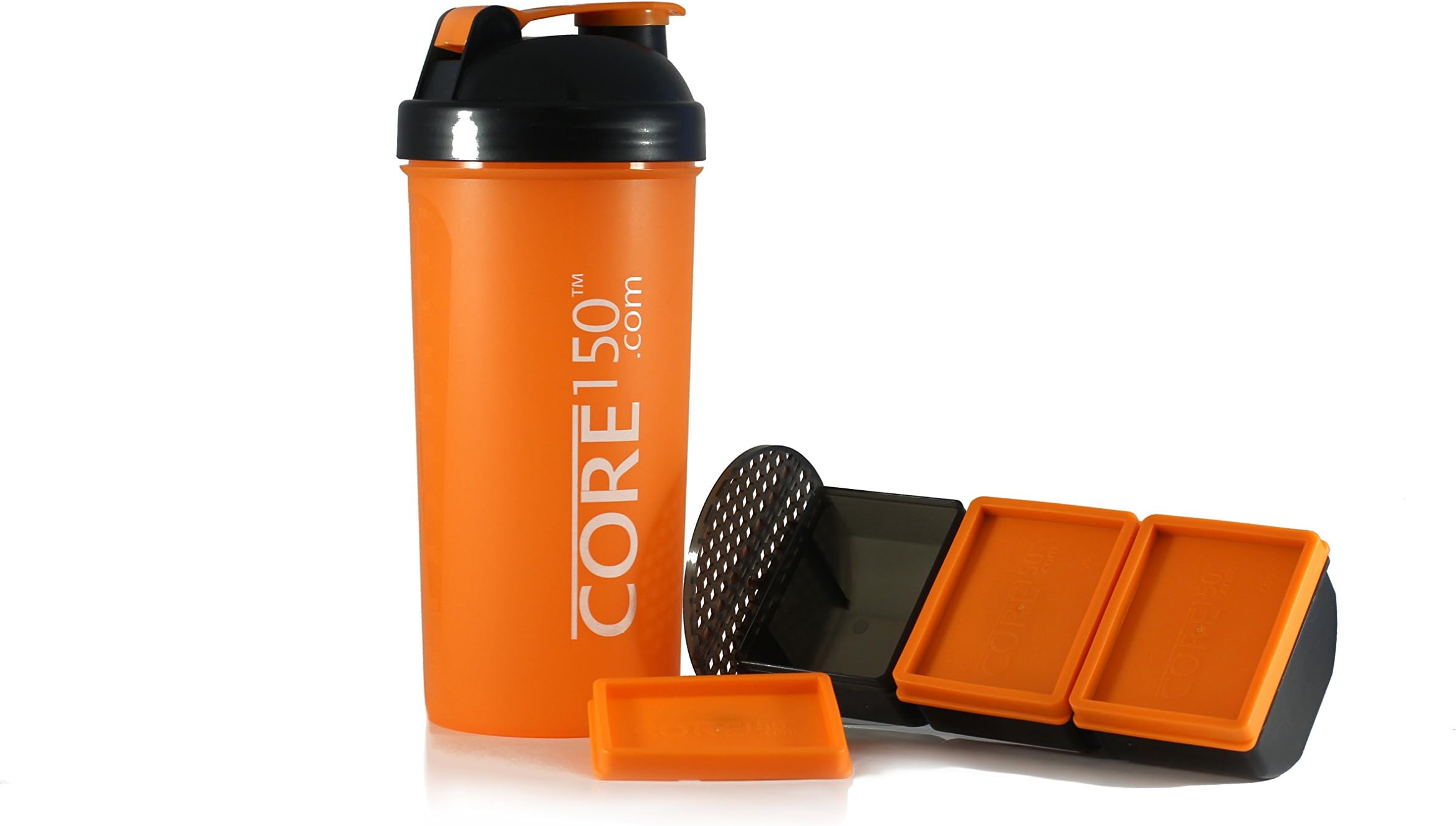 Core150 Attitude Shaker - Orange - 35oz Protein Shaker Bottle. Contains easy stack removable storage with 3 compartments