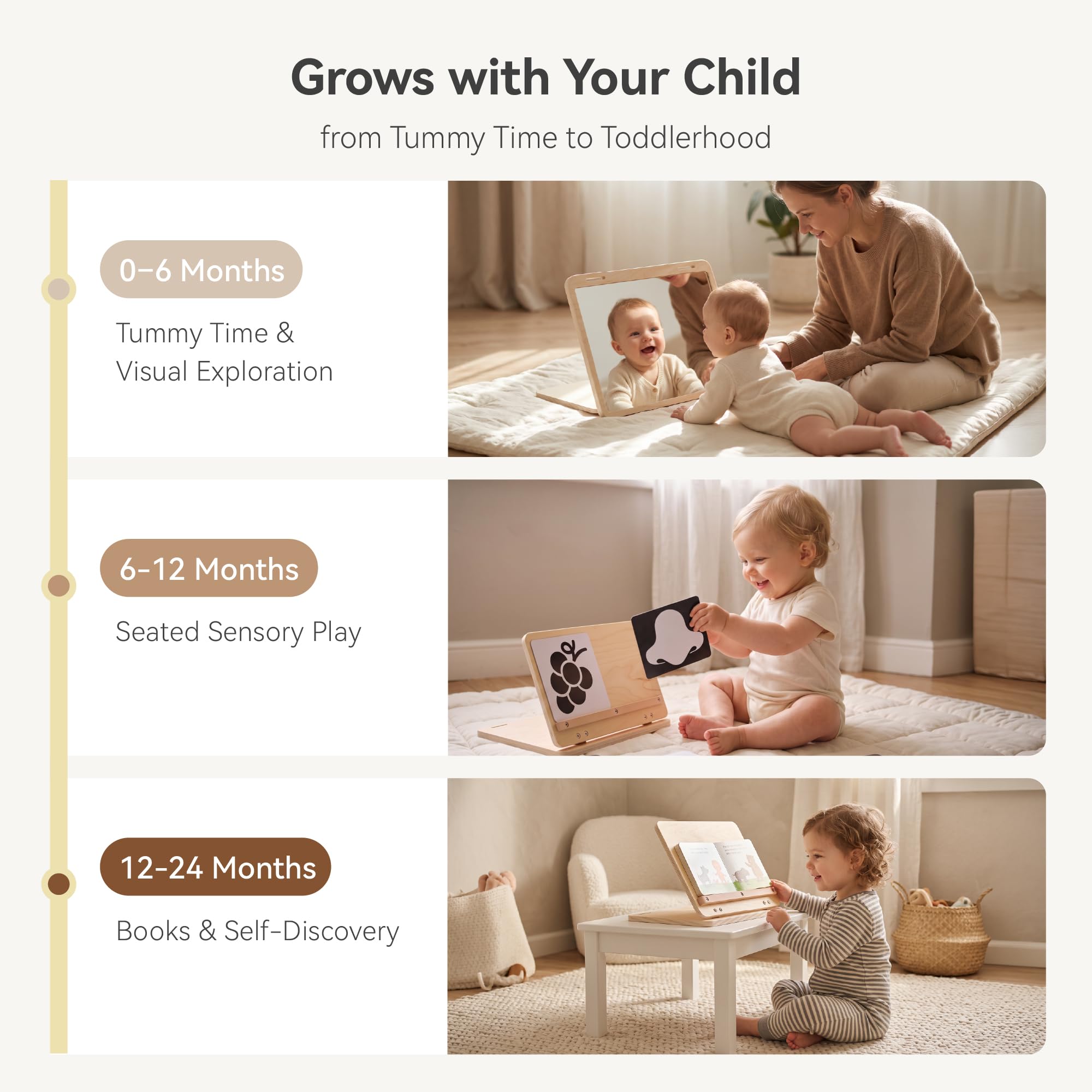 IEATFO Bauchspielset, verstellbarer Winkel, doppelseitiges Design, Montessori Spielzeug für die Bauchzeit, großer Baby-Sicherheitsspiegel und Kartenhalter inkl
