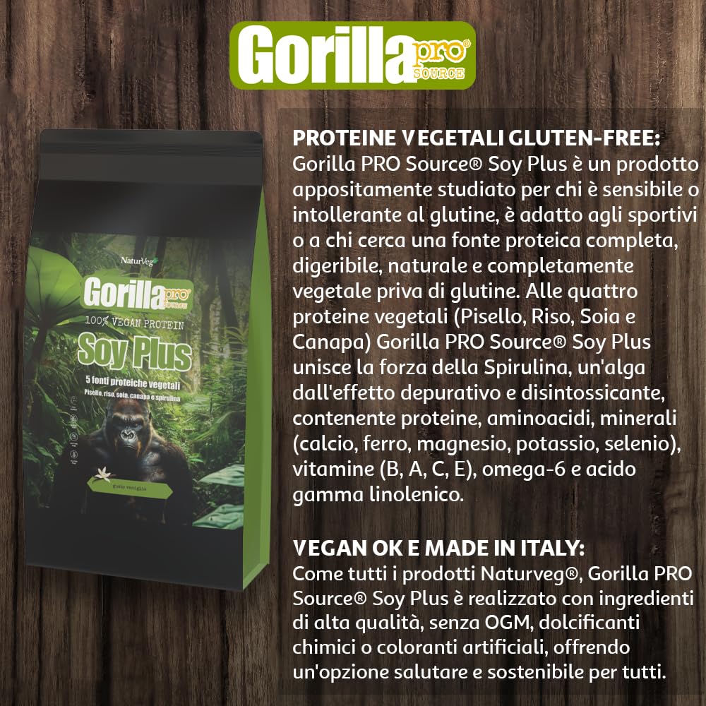 Naturveg® GORILLA PRO Soy Plus – Proteine in polvere Vegane Senza Glutine, da 1kg, proteine vegetali di riso canapa soia pisello, vitamine e Sali minerali (1Kg, Cioccolato)