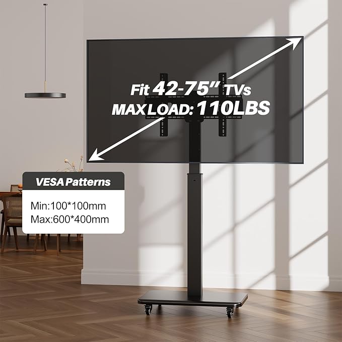 Soporte Móvil para TV con Ruedas, Altura Ajustable 49.7-61.8 pulgadas, 42-75 pulgadas, 110 libras miniatura 9