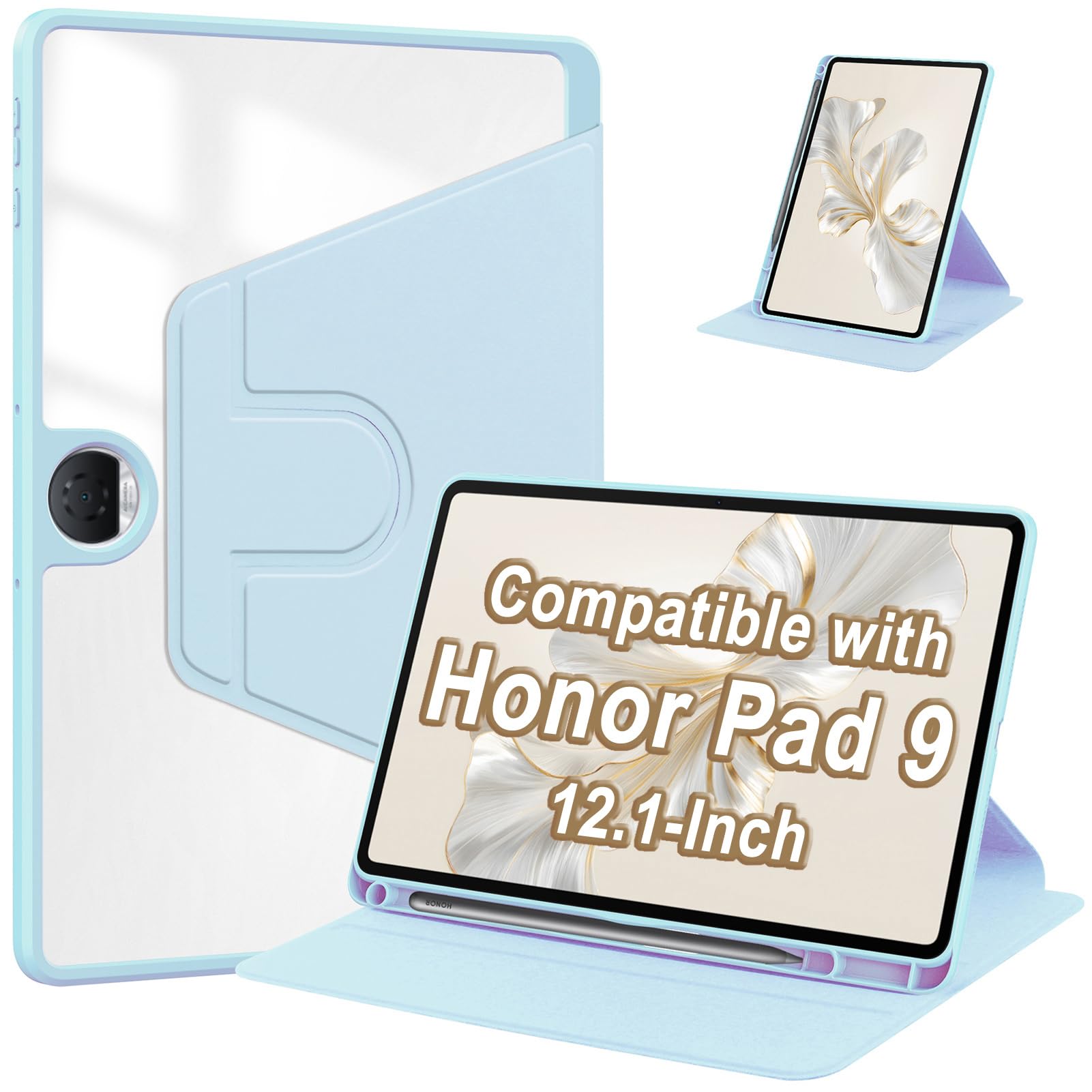 Rotating Case Compatible With Honor Pad 9 12.1 Inch 2023 With Pen Holder, Slim Translucent Rotating Stand Cover For Honor Pad 9, Black
