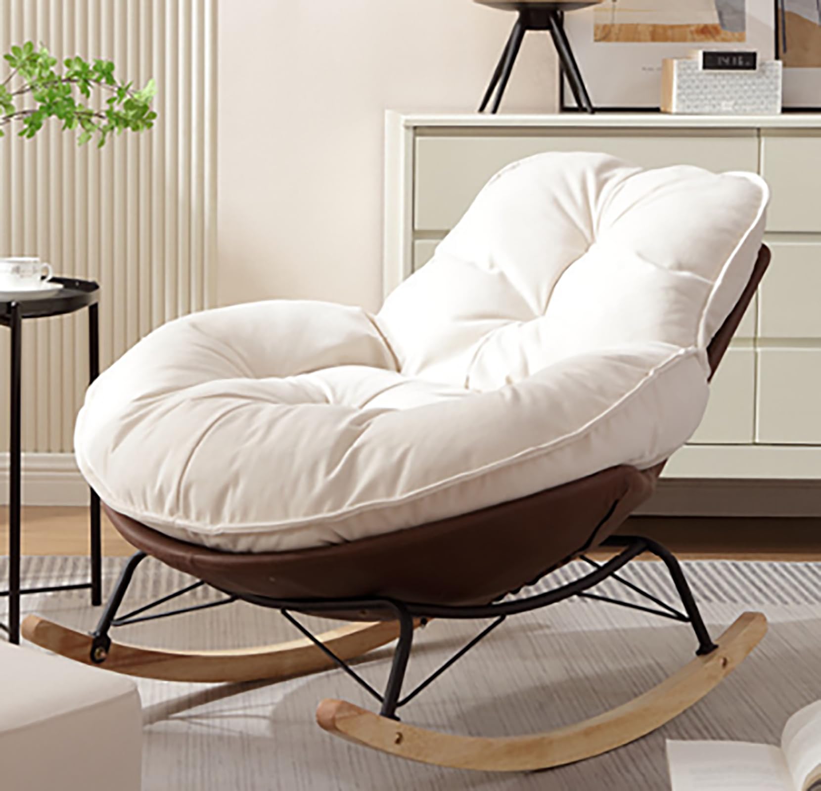 Mecedora, sillón balancín ergonómico, cojín extra grueso y respaldo, sillón moderno para salón y dormitorio, base de madera estable y marco de metal, resistente a las caídas