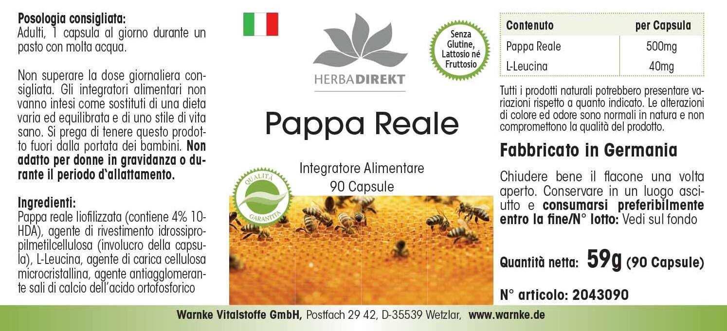 Pappa Reale fresca pura 500mg - Estratto da 2000mg Pappa Reale 4:1-90 Capsule | HERBADIREKT by Warnke Vitalstoffe - Qualità da farmacia tedesca