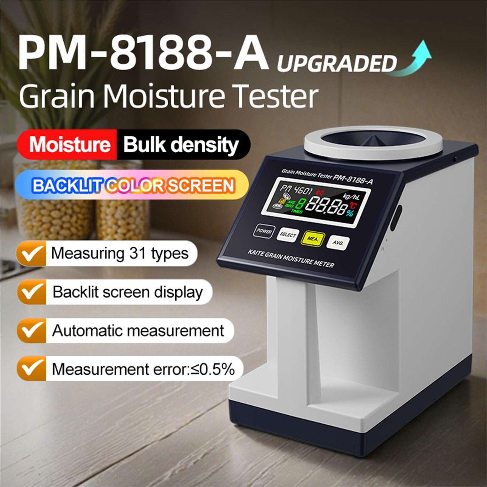 Humidimètre, Humidimètre de grains PM-8188-A, 31 types graines, testeur avec écran couleur rétroéclairé densité en vrac, analyse d'eau haute précision