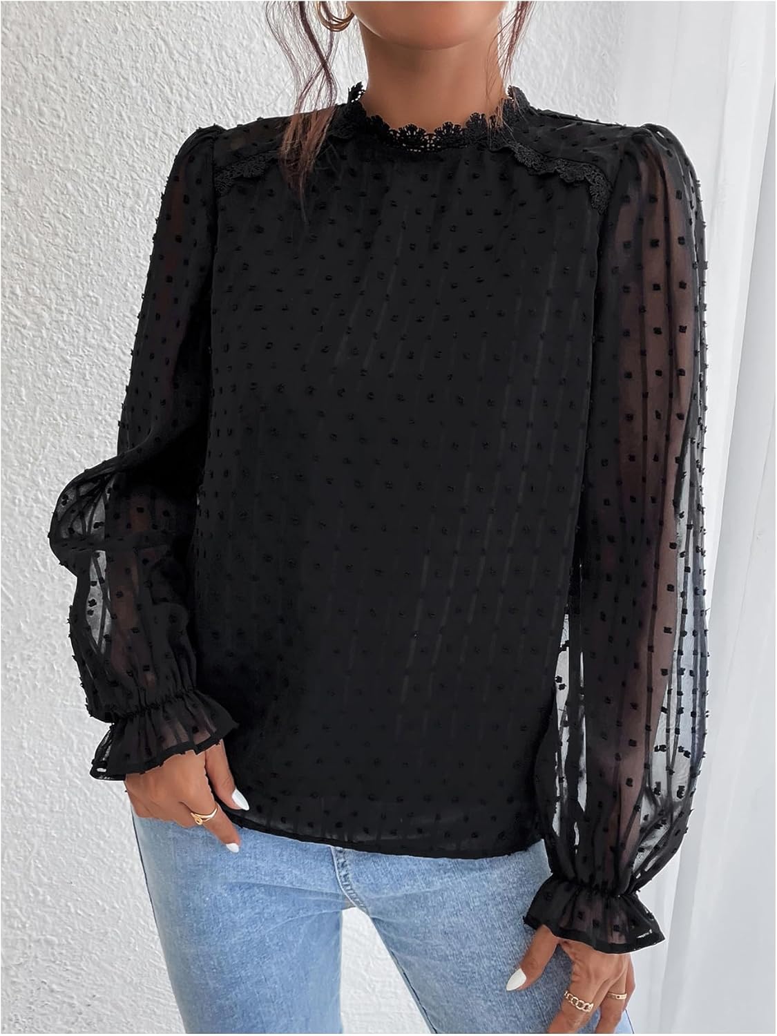 OYOANGLE Women's Swiss Dots Sheer Flounce Long Sleeve Blouse Lace Mock Neck Dressy Elegant Top - Image 2