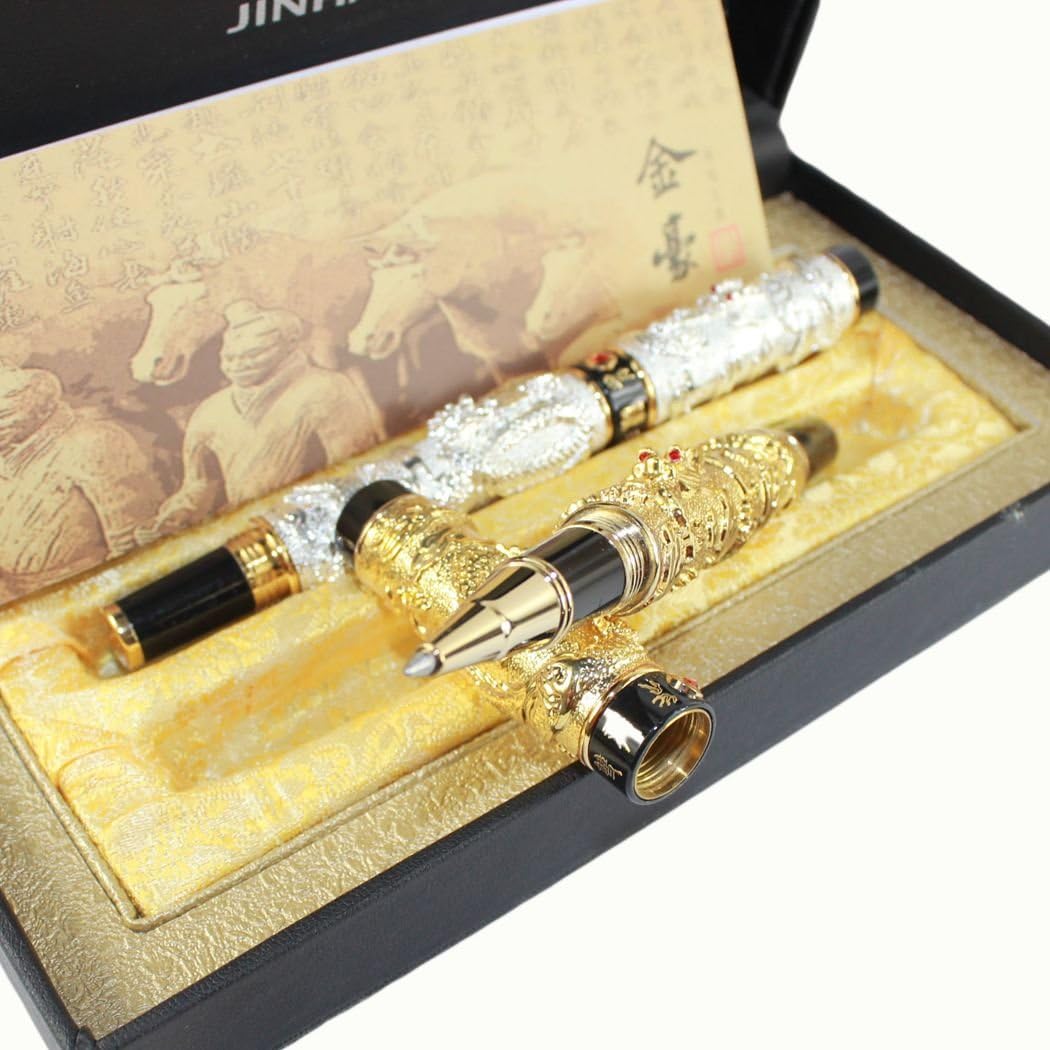 Gullor 2 Pcs Deluxe Classical Chinese Dragons Playing with the Pearl Carved 3d Rollerball Pen, White & Golden