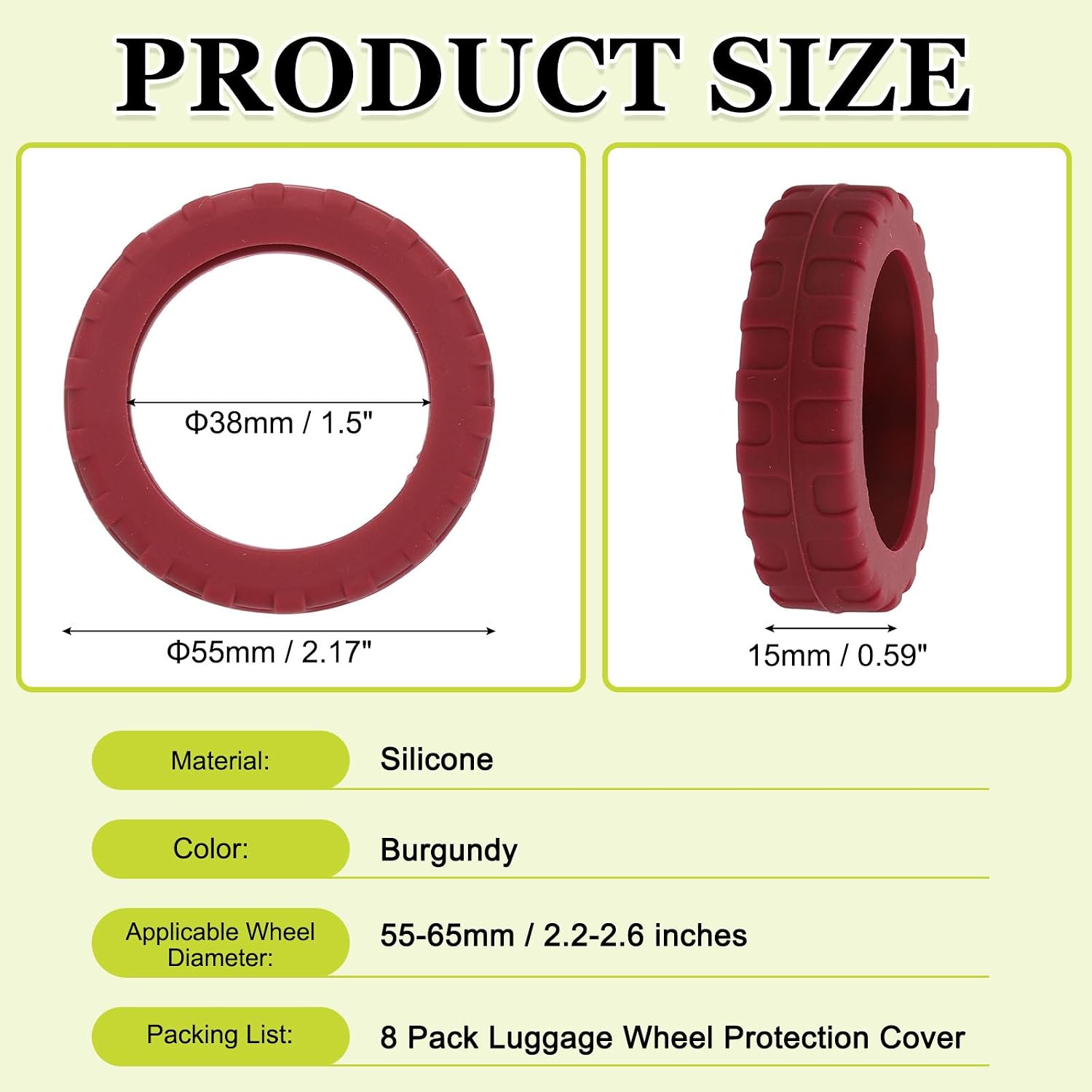 8Pack Luggage Wheel Protection Cover, Wear Resistant Anti Noise Silicone Protector Cover for 2.2-2.6" Spinner Wheel for Suitcases Chair Caster Travel, Burgundy image 2