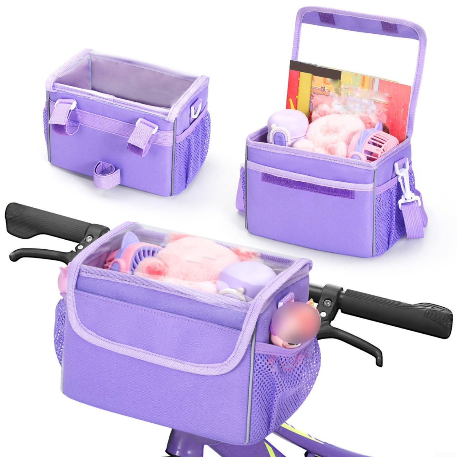 HEIBTENY Colorful Waterproof Bike Basket for Detachable Shoulder Strap, Versatile Handlebar Bag for Tricycle, Balance Bike or Scooter, Spacious Storage for Snacks(Purple)