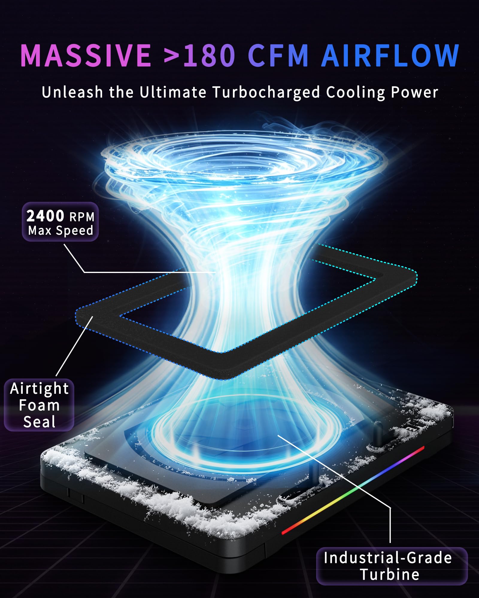 LP-3 Gaming Laptop Cooling Pad, Potente Turbo-Fan 180+ CFM RGB Laptop Cooler, silenzioso supporto ventola di raffreddamento per laptop con cuscinetti antiscivolo, altezza regolabile, controllo a 3