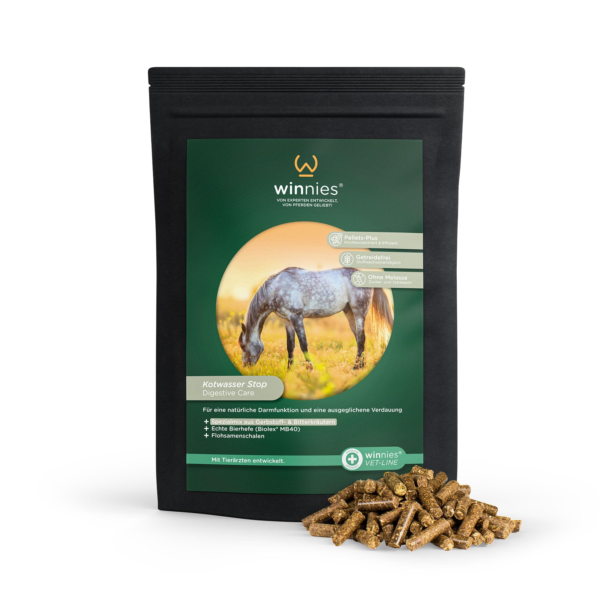 winnies® Kotwasser Stop Pellets-Plus für Pferde – Unterstützt Darmfunktion & Verdauung mit spezieller Kräutermischung, Bierhefe (Biolex® MB40) & Flohsamenschalen – getreidefrei – 1,5 kg