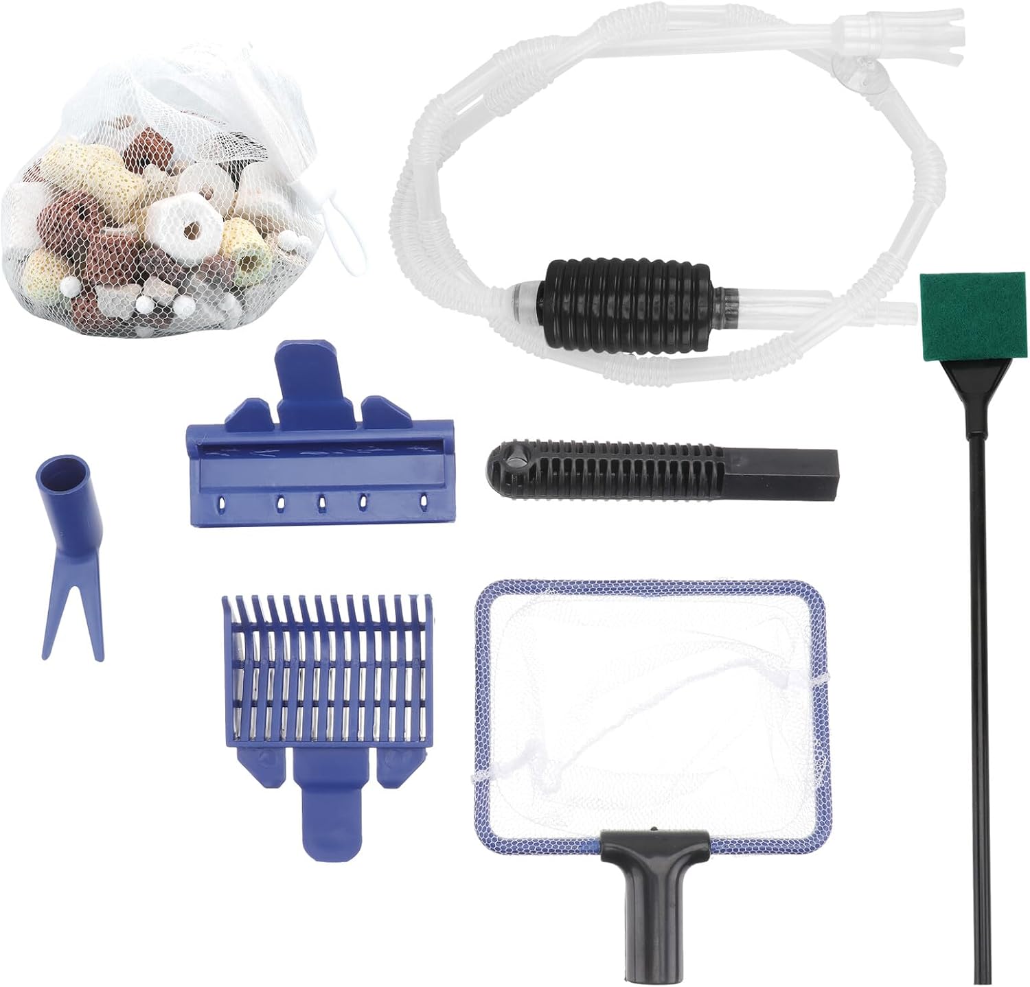 Fish Tank Cleaner Siphon Water Changer Set with 5-in-1 Manual Aquarium Gravel Vacuum and 12-in-1 Filter Media for Aquarium Maintenance and Sand Washing