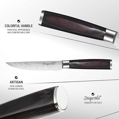 Miniatura 6 de Juego de 6 cuchillos para carne - Juego de 6 cuchillos de carne con patrón japonés de damasco de acero inoxidable de alto carbono y mango de madera