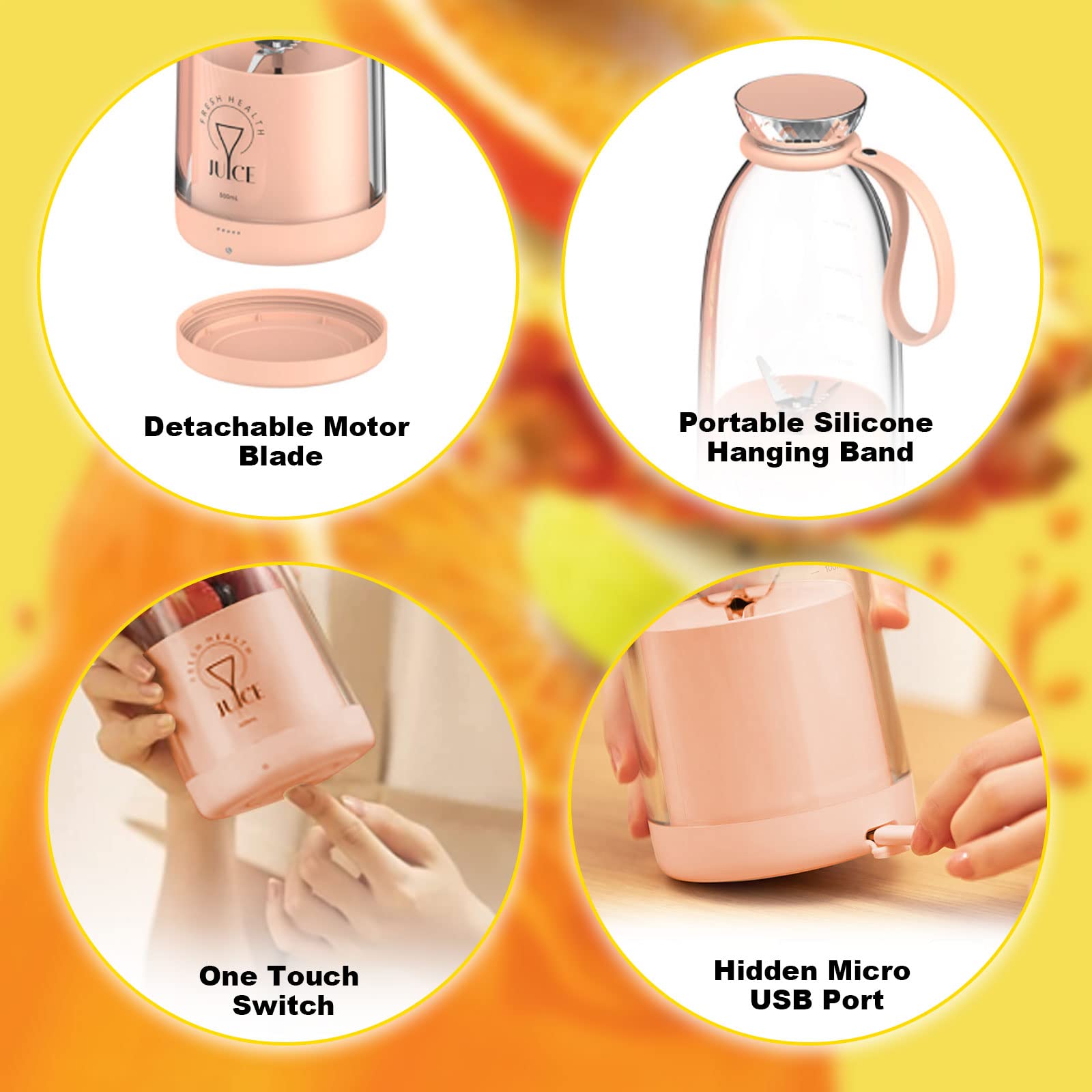 Fresh Juice Mixer Bottiglia, frullatore portatile, frullatore per smoothie Maker To Go,500 ml, supporto ricaricabile con 6 lame in acciaio inox, bottiglia per alimenti per bambini (rosa)