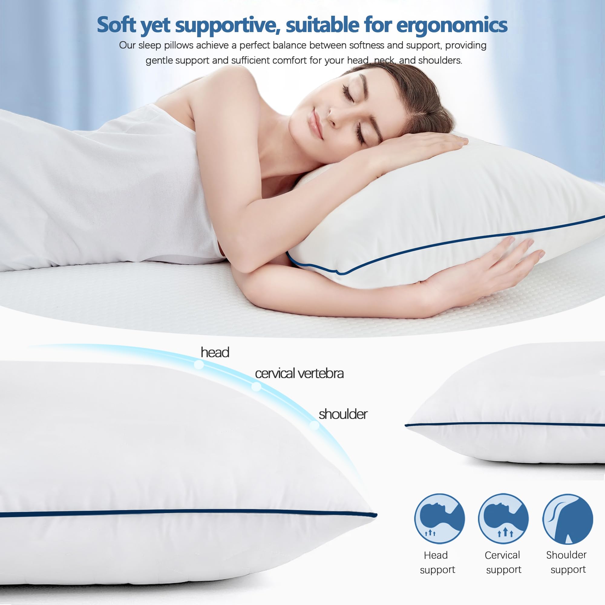Cuscini da letto per dormire, dimensioni standard, set di 2, qualità alberghiera rinfrescante con imbottitura alternativa in piuma morbida di alta qualità, per chi dorme sulla schiena, sullo