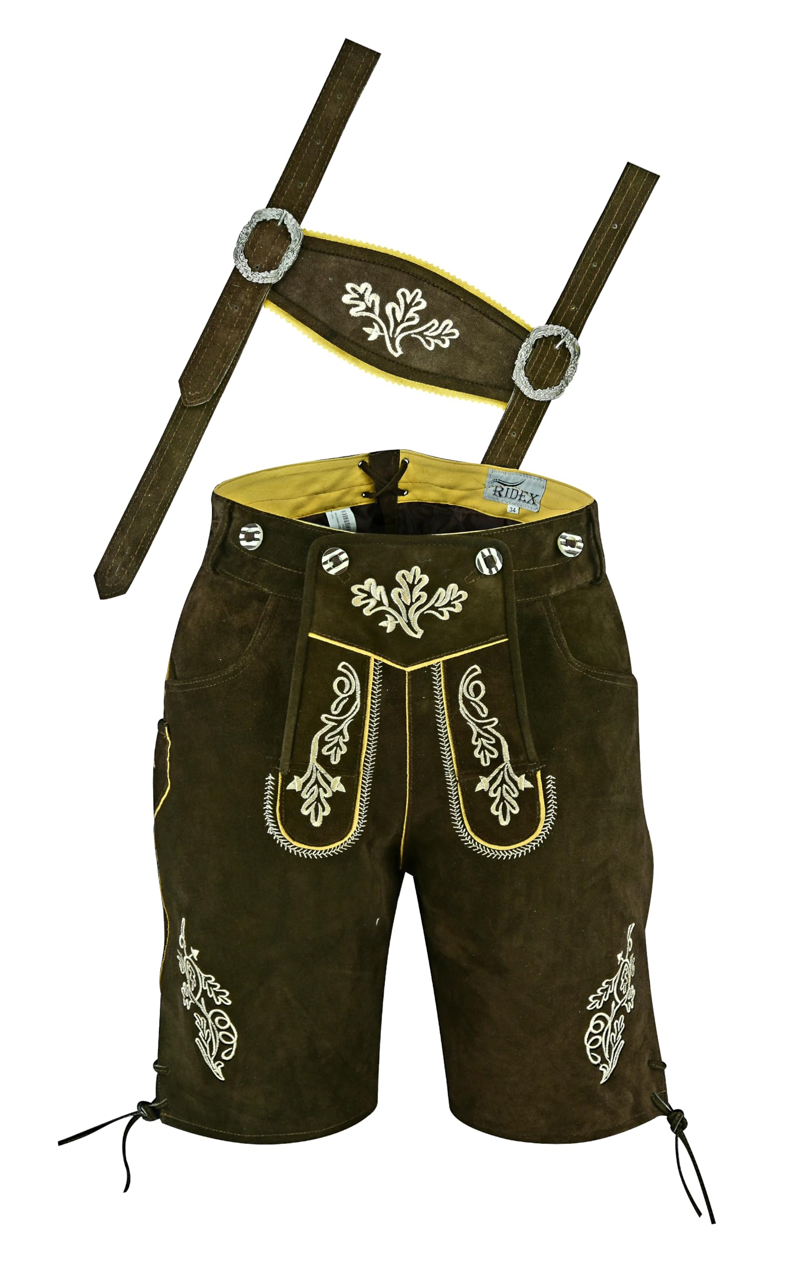Ridex Men's Dark Brown Oktoberfest Bavarian Leather Lederhosen Short + Matching Suspenders (36W)