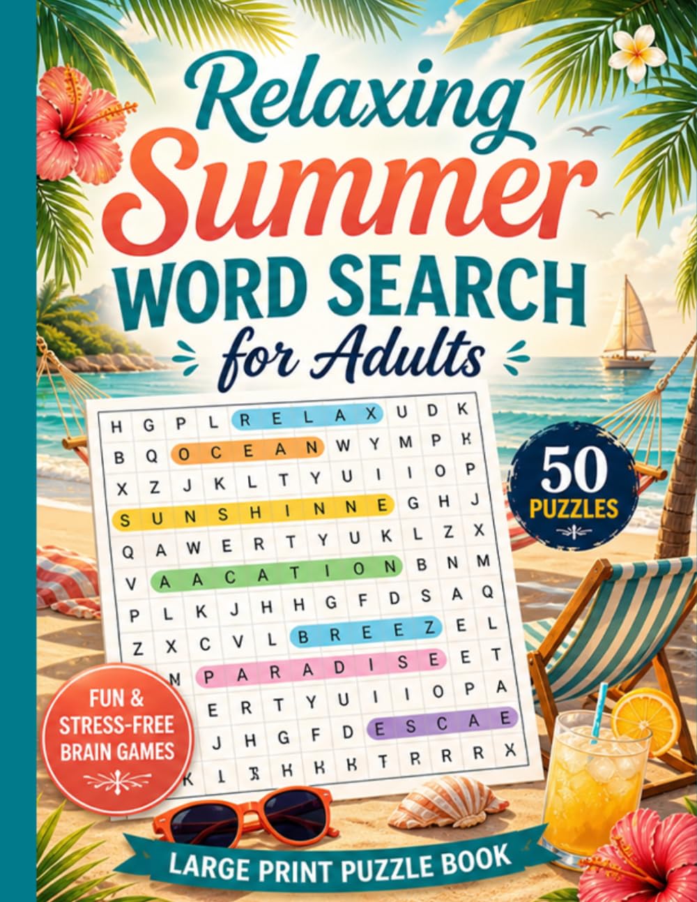 Relaxing Summer Word Search for Adults: Large Print Puzzle Book with 50 Themed Word Searches and 1000 Hidden Words for Seniors, Adults, and Relaxation.