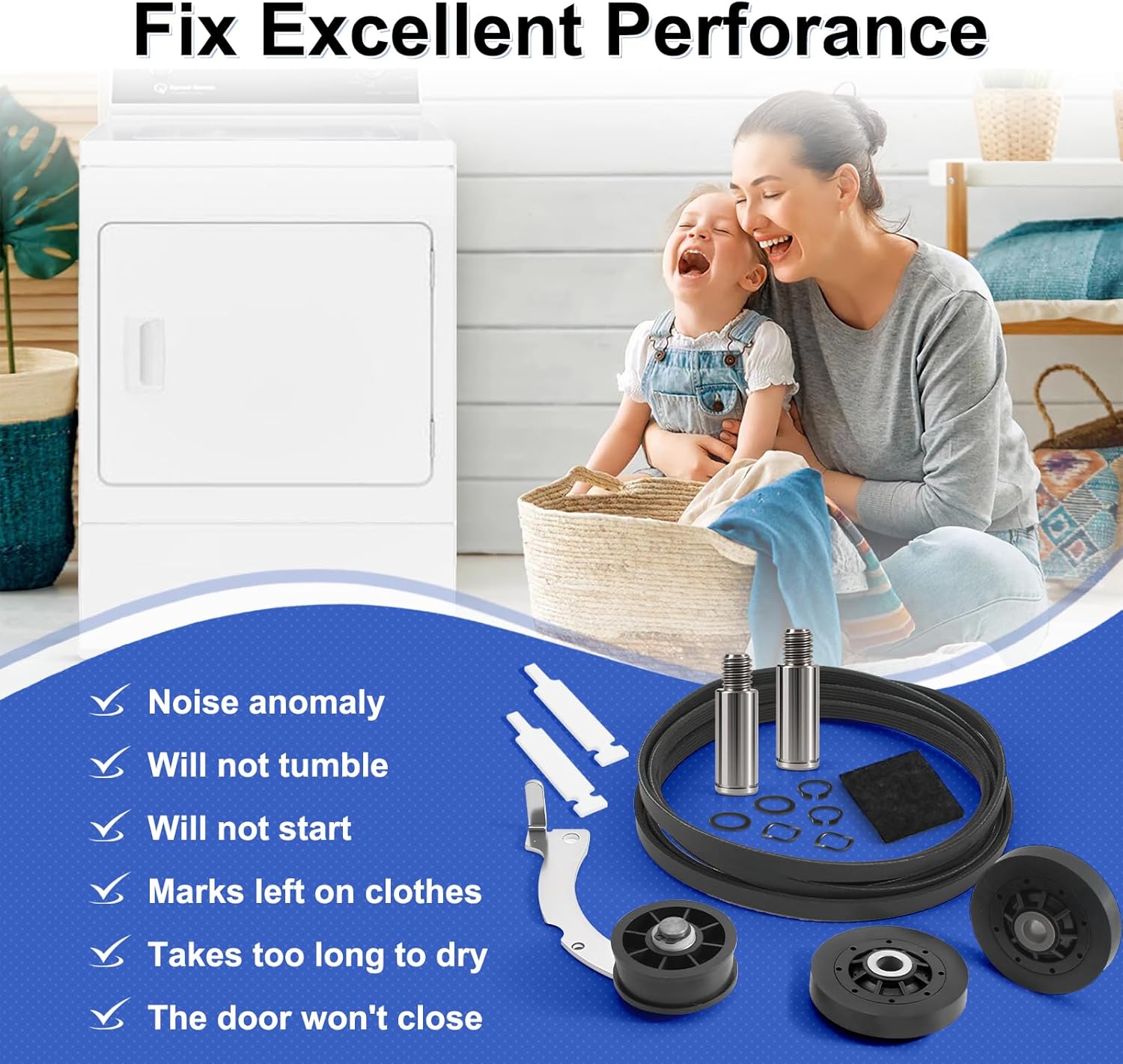 Upgraded Dryer Rebuild Kit Compatible with Speed Queen 1992 & Newer SM, Include RB170002 Dryer Roller Kit & D516792 Dryer ldler Pulley & D511255P Dryer Cylinder Belt & RB170003 Dryer Drum Glide Kit