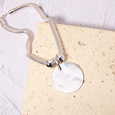 Silver Hammered Metal Statement Necklace Set with Lobster Clasp Closure, Disc Coin Necklace Circle Necklace Chunky Necklaces for Women New Unique Trendy Jewelry Valentines Day Gift