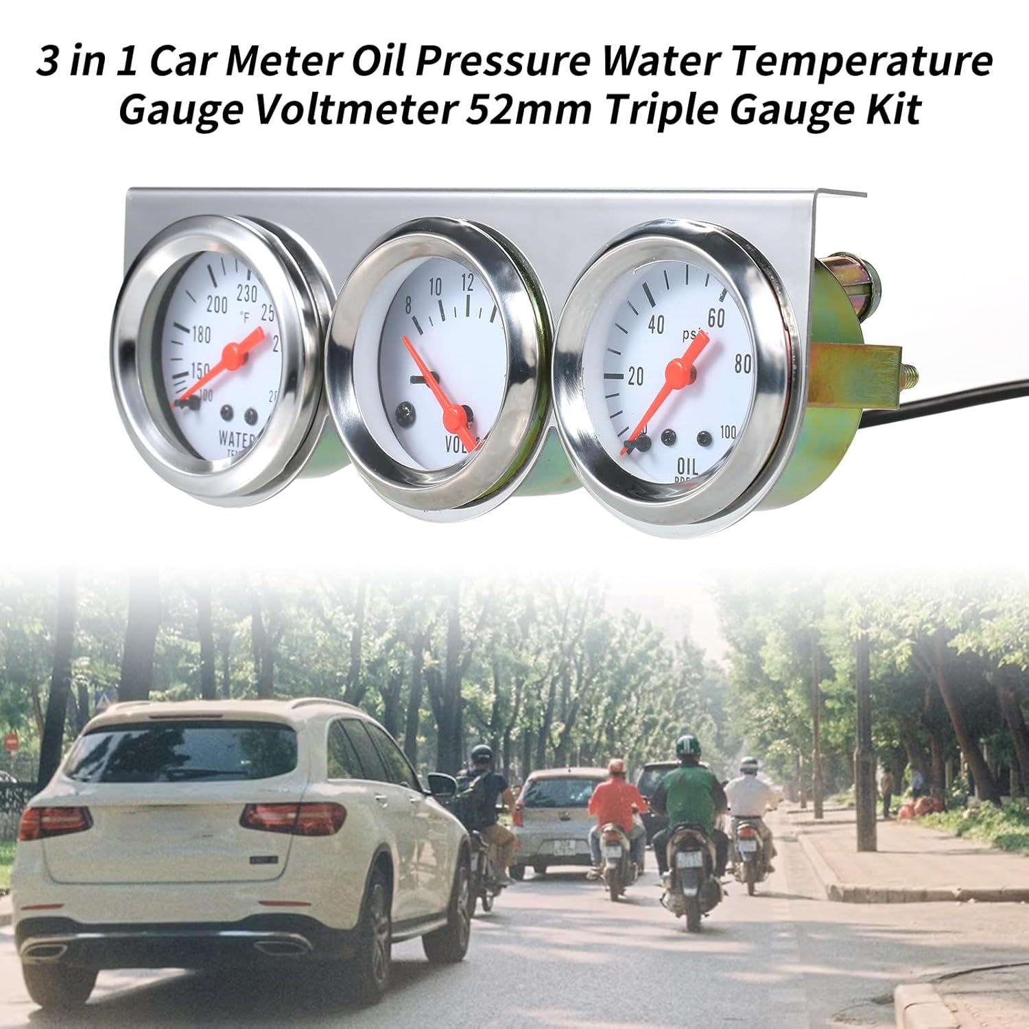 3 in 1 Car Meter Oil Pressure Water Temperature Gauge Voltmeter 52mm Triple Gauge Kit with LED Backlight for 12V Cars Motorcycles