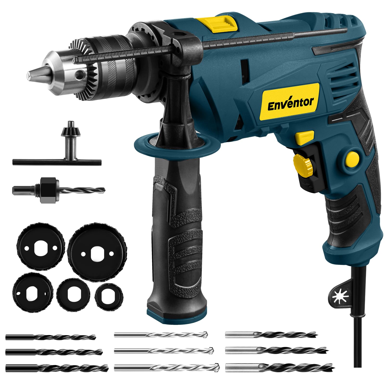 Enventor 7.5 Amp Hammer Drill, 1/2 Inch Electric Drill Hammer, 900W 0-3000RPM Variable Speed, 360° Auxiliary Handle, Lightweight Corded Hammer & Drill 2 in 1 with 9pcs Bit for Metal, Wood, Blue