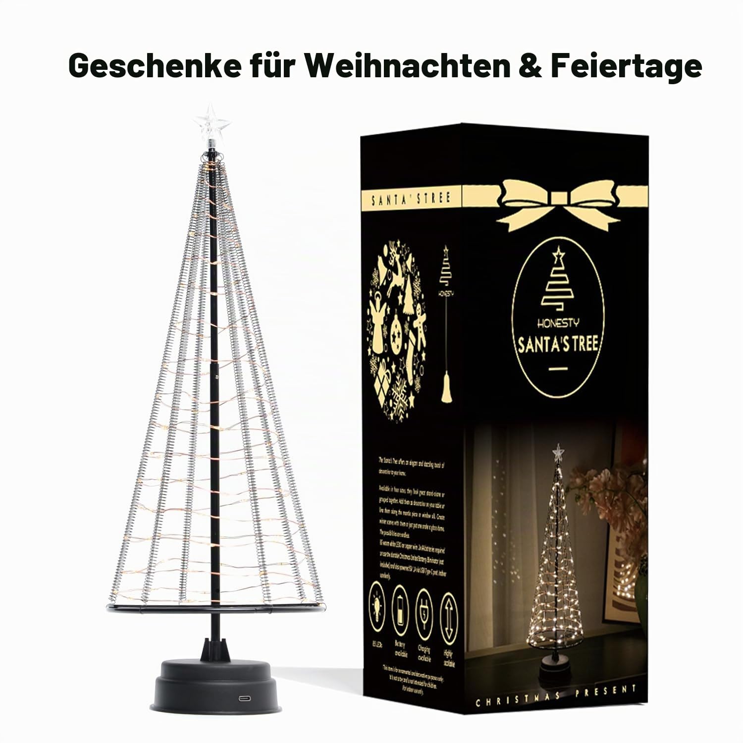 Honesty Santa's Tree,XL Black Mini-Weihnachtsbaum, 85 warmweiße LEDs auf Kupferdraht, mit Ladedatenleitung ， Tischlampe und schönen Dekorationen für Ihre Zimmer, 425 mm Hoch
