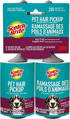 Scotch-Brite Rodillos de pelusa para pelo de mascotas, 2 rodillos, 100 hojas por rodillo, 200 hojas en total, rodillo de pelusa reutilizable,