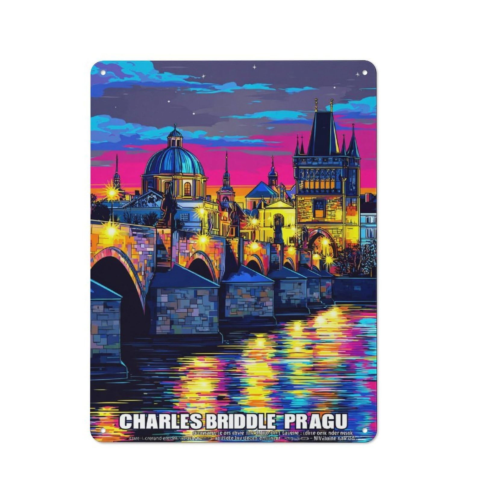 Junmoney Prague's Vibrant Night Charles Bridge Illumi Decorative Tin Plaque With Nated Design 40X30cm, Classic Novelty Wall Art For Flat, Dorm Room, Lounge Or Cafe