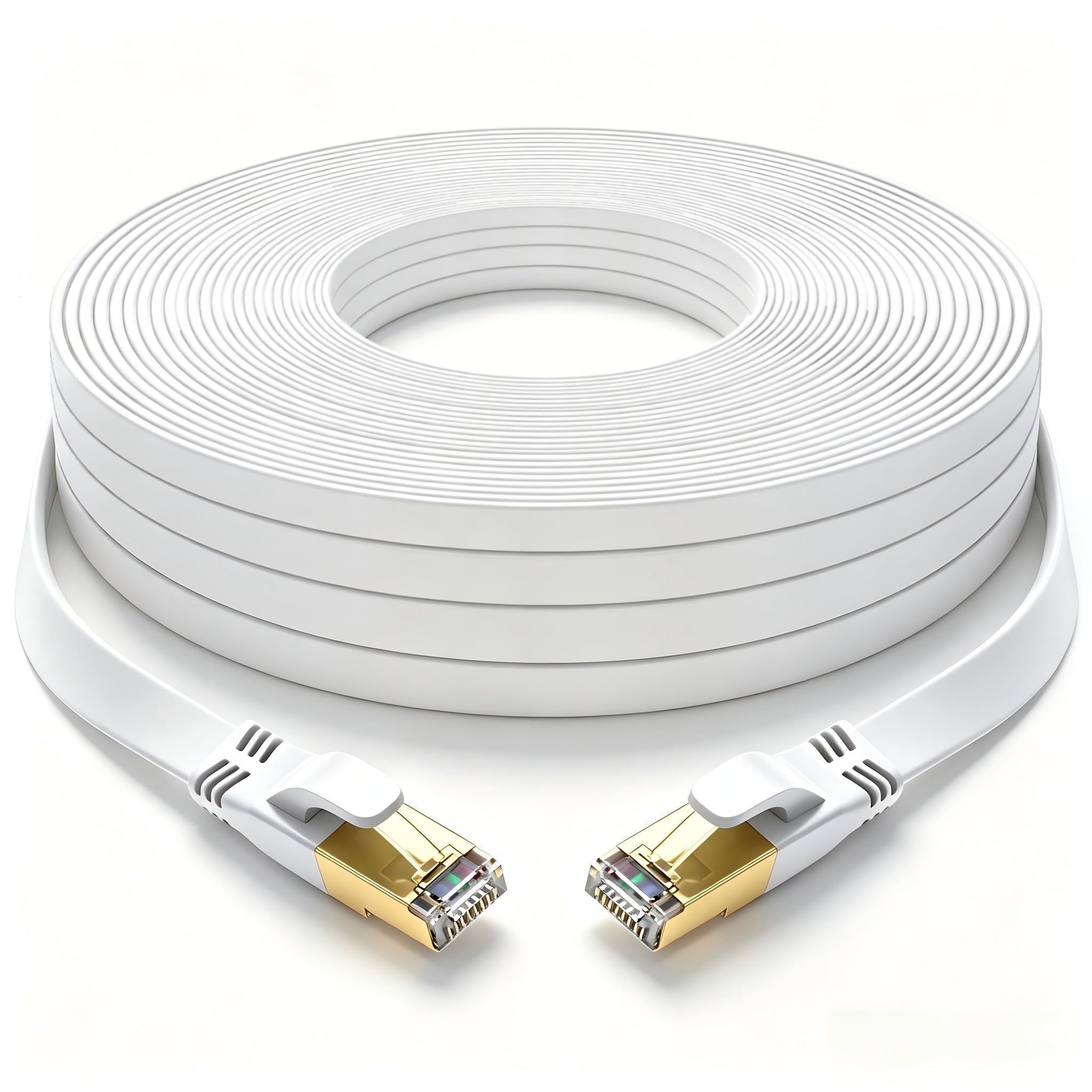 Cavo Ethernet Cat 8 50m Piatto, Connettore RJ45 Placcato Oro, Alta Velocità 40 Gbit/s 2000 MHz, per Router/PC/Gaming/Modem, Più Veloce di Cat7/Cat6/Cat5 (Bianco)