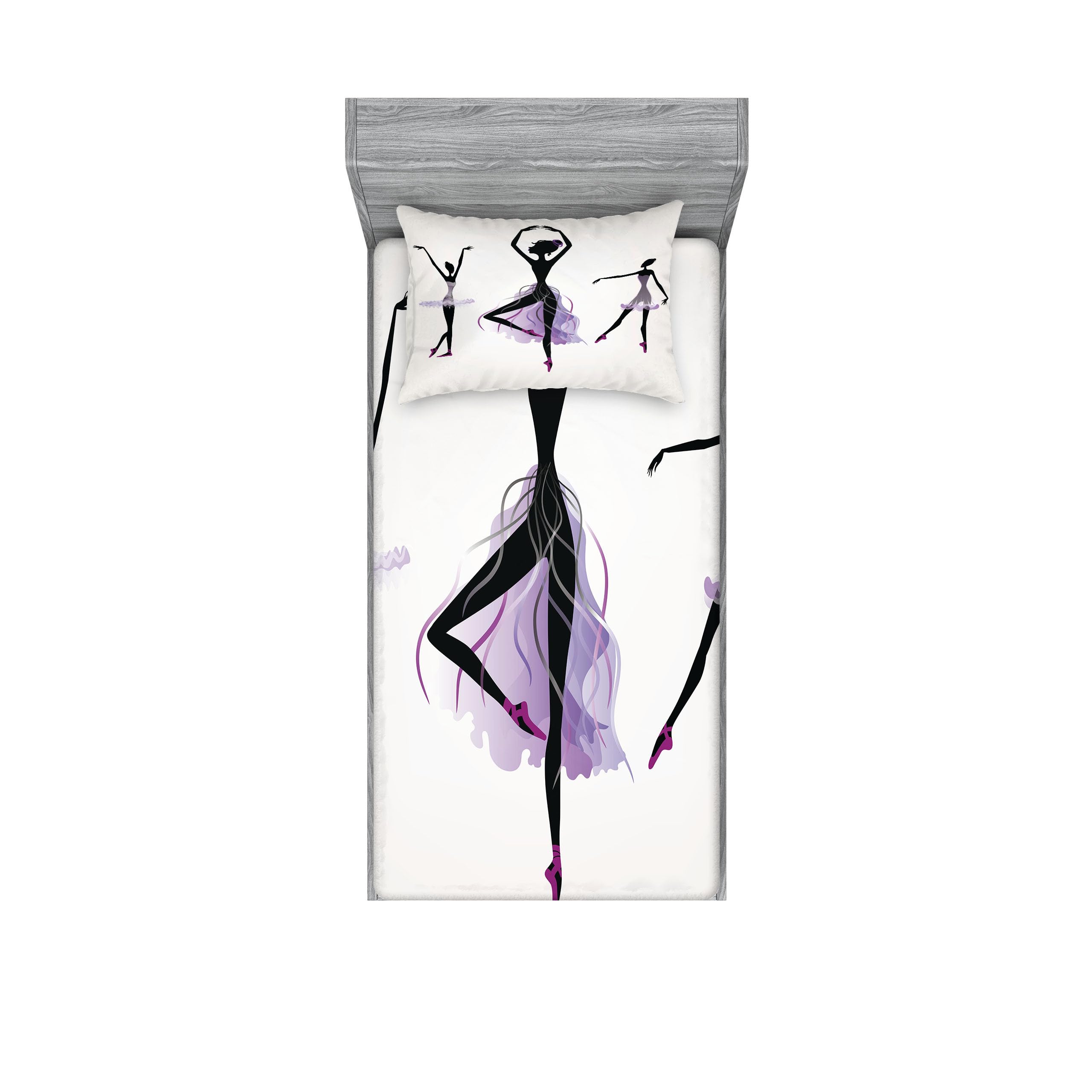 Ambesonne Ballet Fitted Sheet & Pillow Sham Set, Ballerina Silhouettes Practising Classic Dance Performing Theatrical Art, Decorative Printed 2 Piece Bedding Decor Set, Twinxl, Off White Black Mauve