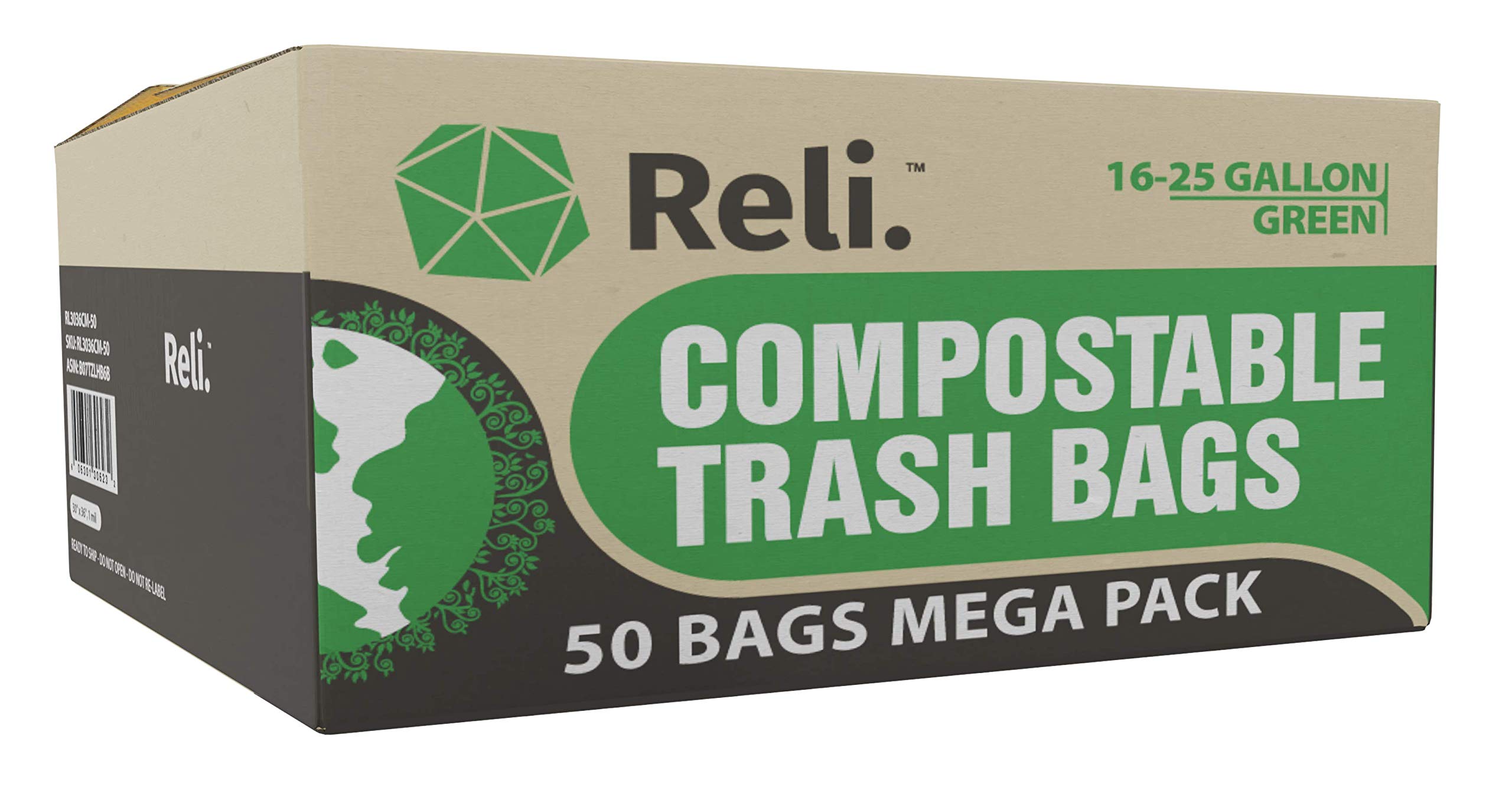 Reli. Bolsas de basura compostables de 16 a 25 galones | 50 unidades | ASTM D6400 | Verde | Ecológicas | Para abono