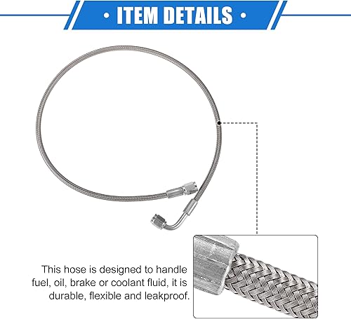 Vista 124 de AN3 - Línea de alimentación de aceite turbo de acero trenzado de 90 grados a extremo de manguera recto, turbocompresor remoto de 24 pulgadas, línea