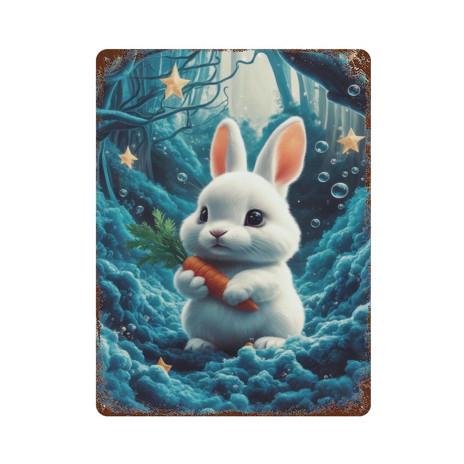 Cute Bunny In A Dreamy Forest 15.7"x11.8" Rusty Metal Tin Sign, Novelty Wall Decor for Cafe, Home Bar And Lounge Decor