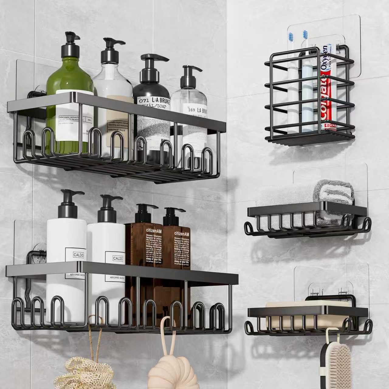 5-Pack Adhesive Shower Caddy, Rustproof Stainless Steel Organizer for Bathroom Storage with Large Capacity, No Drilling Bathroom Caddy with Soap Toothbrush Holder for Kitchen Home Black