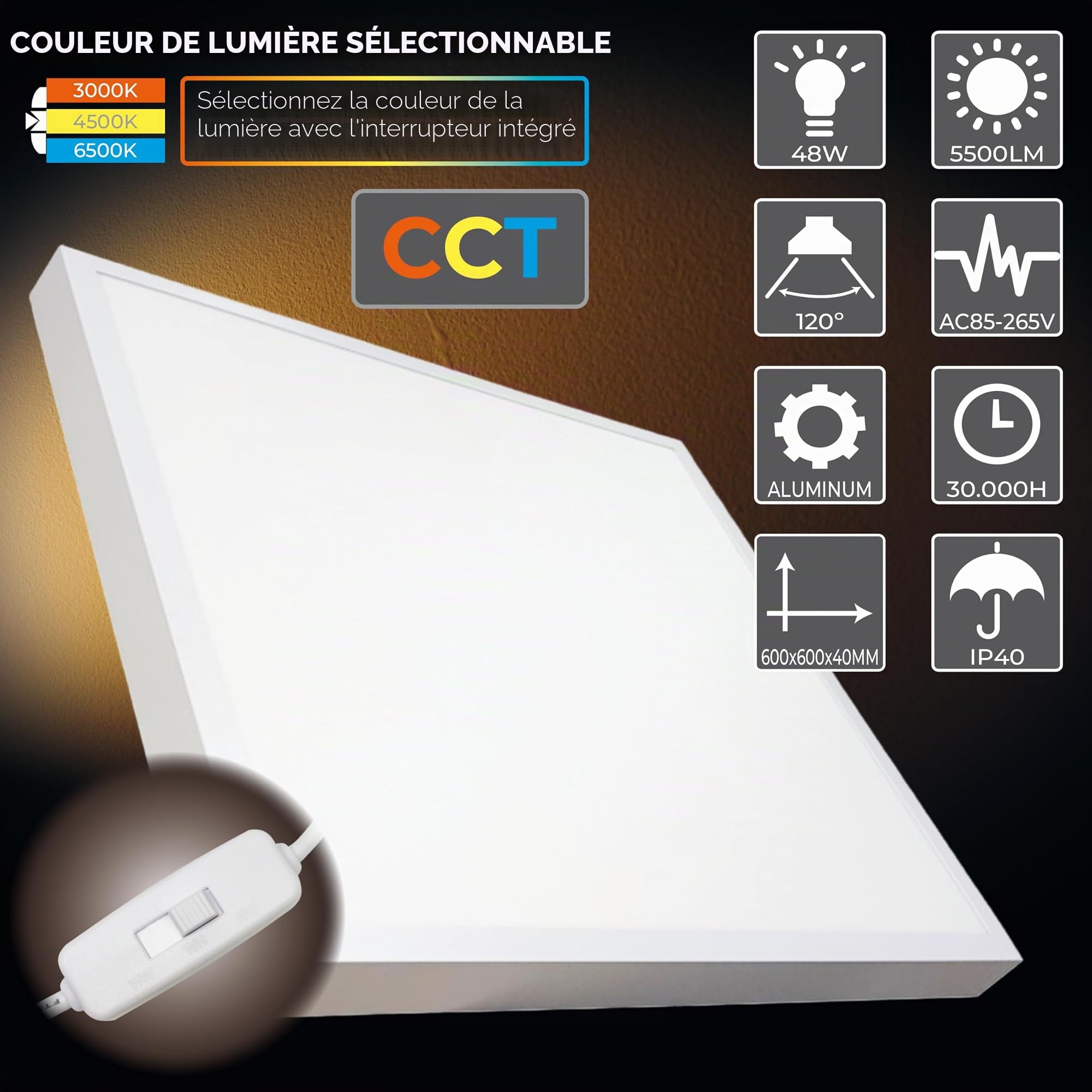 LED ATOMANT Plafonnier LED Saillie 60x60cm 48W CCT 3000-6500K 5500lm