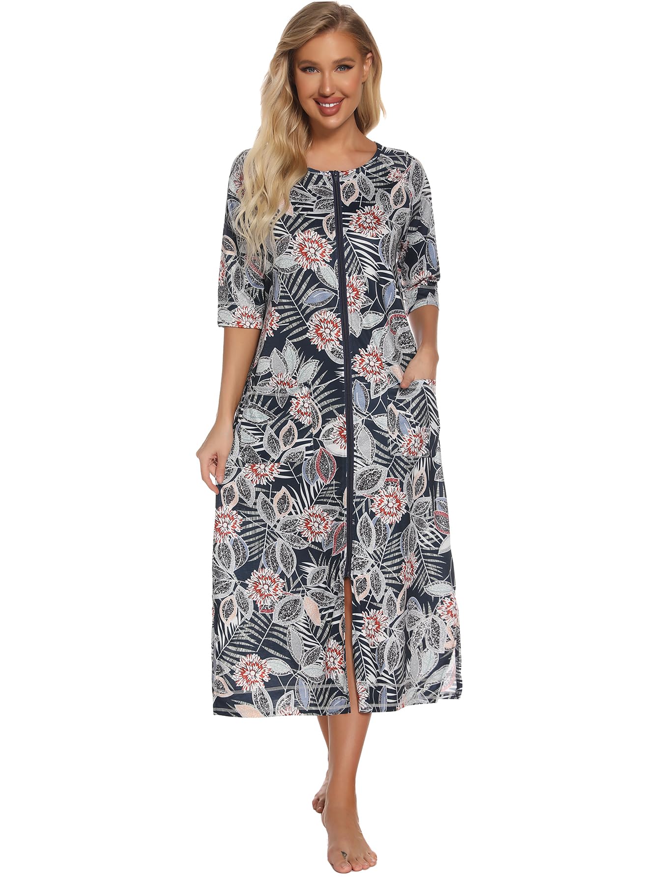 Citridarll Women Zip Front Housecoat Zipper Up Robe Short Sleeves Nightgown Soft Loungewear Bathrobes with Pockets, Floral 2, Small